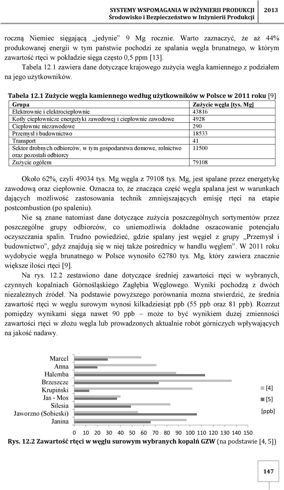 1 zawiera dane dotyczące krajowego zużycia węgla kamiennego z podziałem na jego użytkowników. Tabela 12.