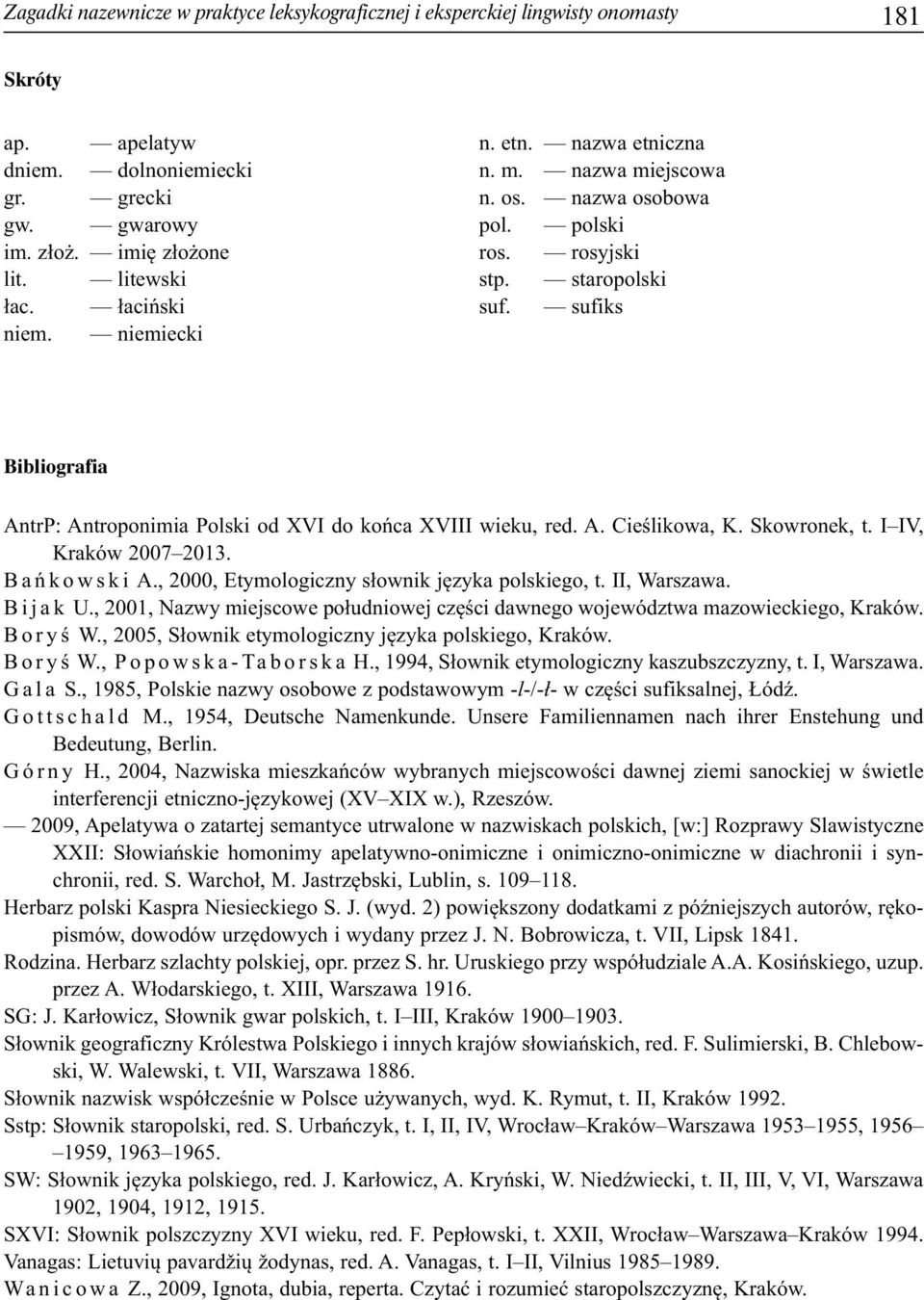 sufiks Bibliografia AntrP: Antroponimia Polski od XVI do końca XVIII wieku, red. A. Cieślikowa, K. Skowronek, t. I IV, Kraków 2007 2013. B a ńk o w s k i A.