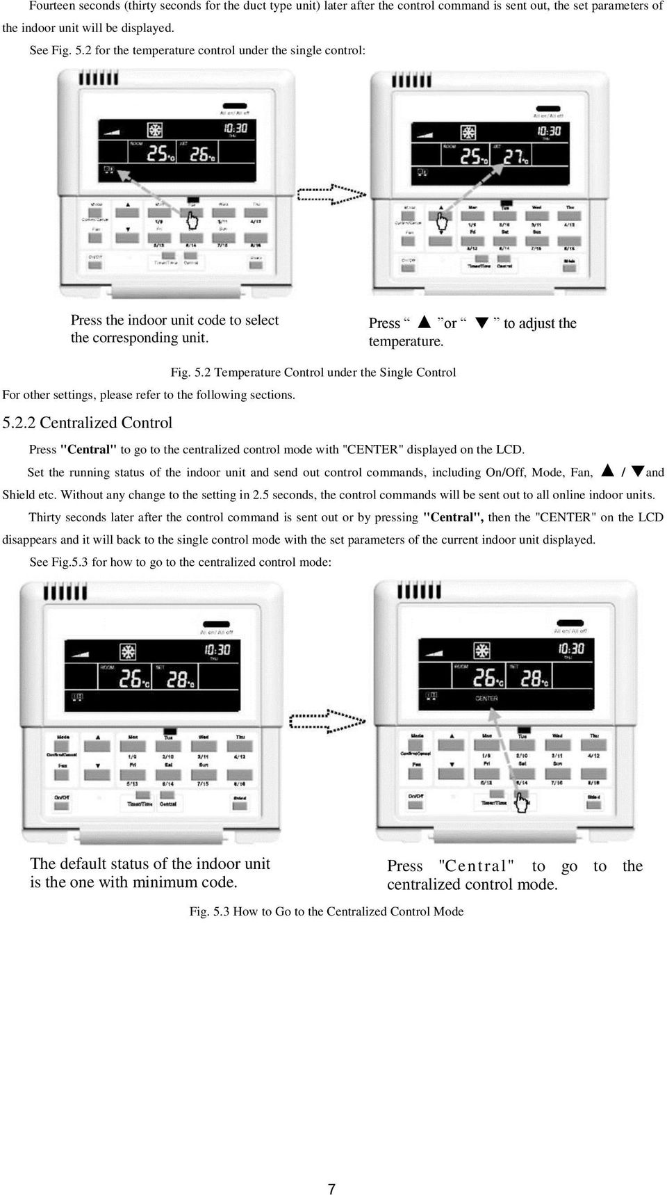 2 Temperature Control under the Single Control For other settings, please refer to the following sections. 5.2.2 Centralized Control Press "Central" to go to the centralized control mode with "CENTER" displayed on the LCD.