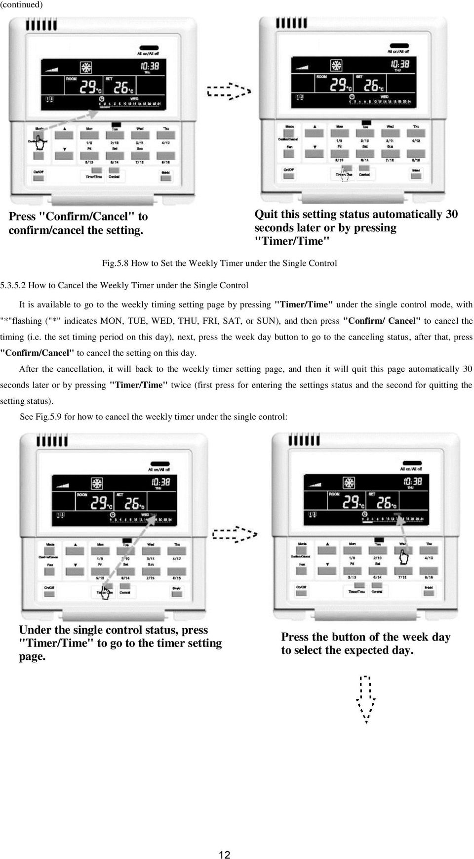 3.5.2 How to Cancel the Weekly Timer under the Single Control It is available to go to the weekly timing setting page by pressing "Timer/Time" under the single control mode, with "*"flashing ("*"