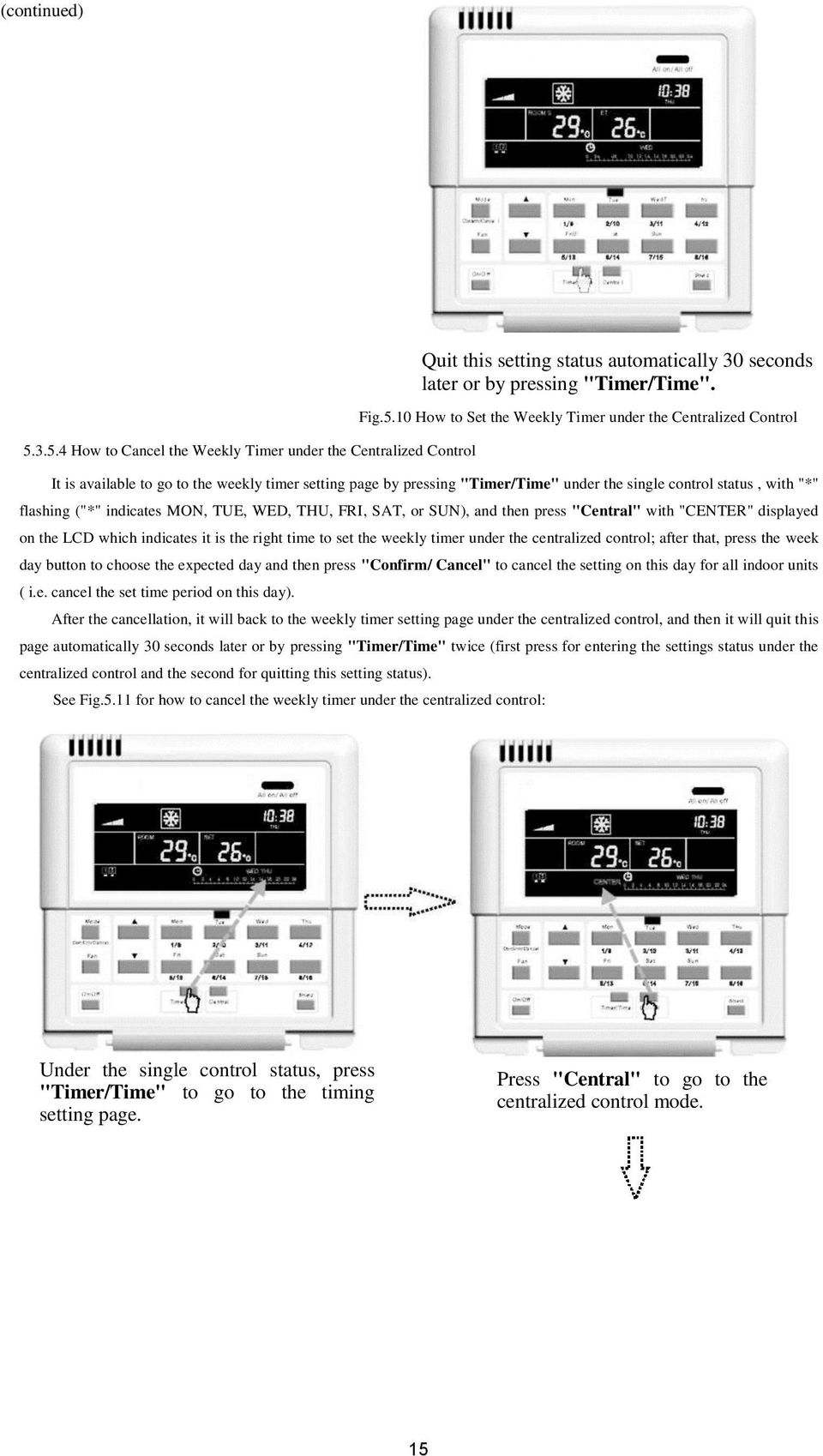 Centralized Control It is available to go to the weekly timer setting page by pressing "Timer/Time" under the single control status, with "*" flashing ("*" indicates MON, TUE, WED, THU, FRI, SAT, or