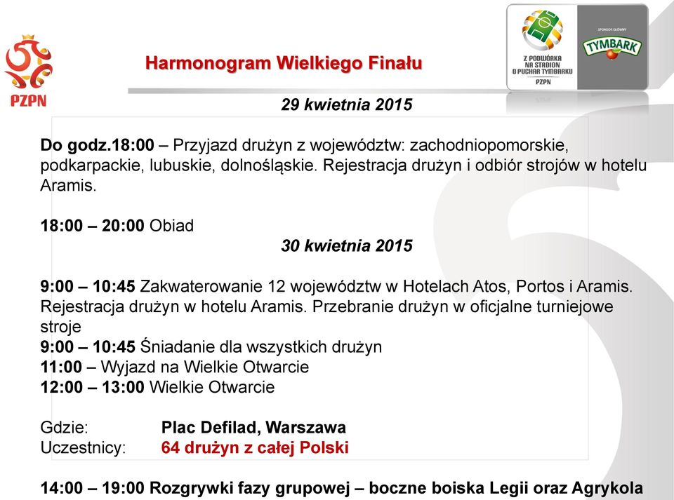 18:00 20:00 Obiad 30 kwietnia 2015 9:00 10:45 Zakwaterowanie 12 województw w Hotelach Atos, Portos i Aramis. Rejestracja drużyn w hotelu Aramis.