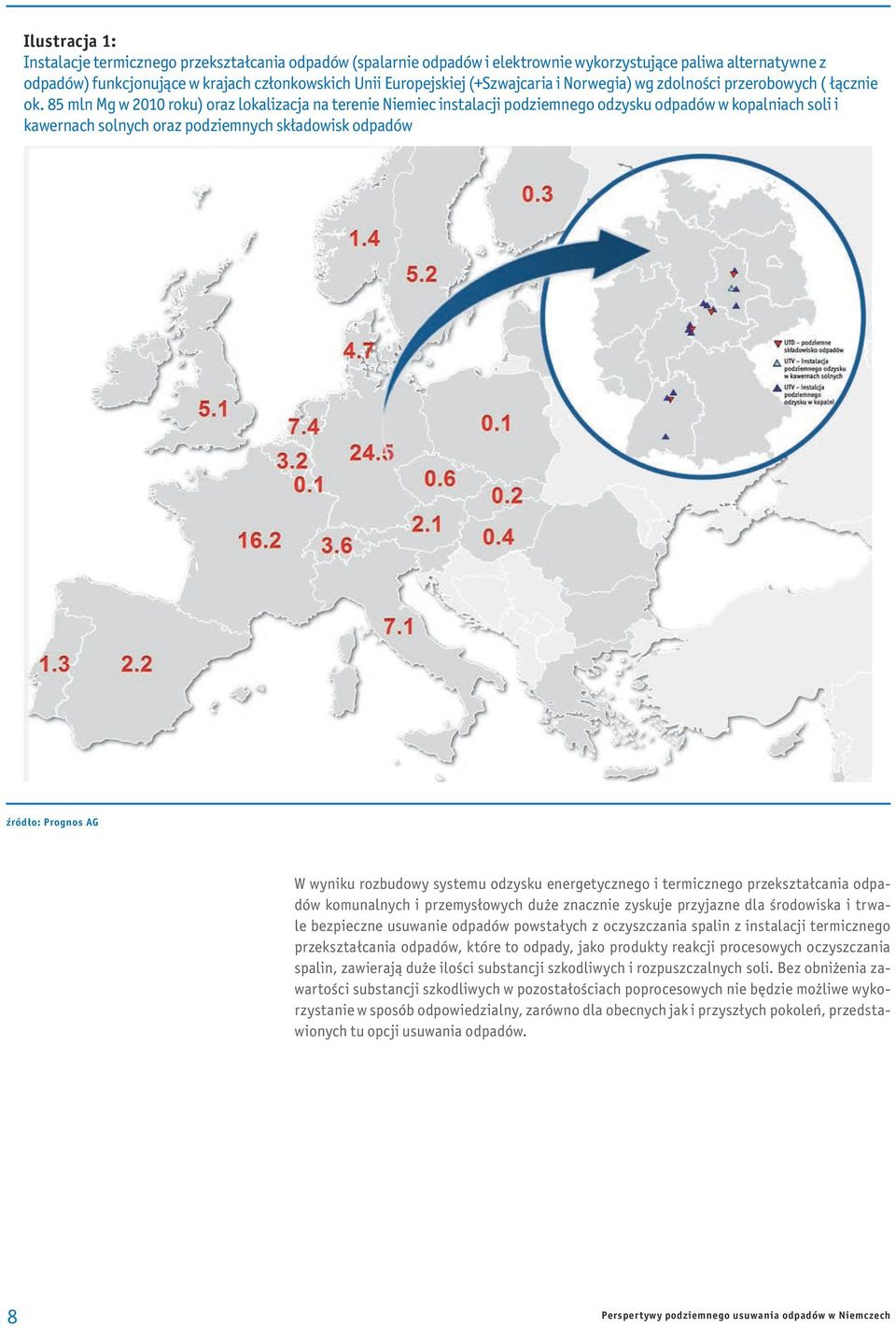 85 mln Mg w 2010 roku) oraz lokalizacja na terenie Niemiec instalacji podziemnego odzysku odpadów w kopalniach soli i kawernach solnych oraz podziemnych składowisk odpadów źródło: Prognos AG W wyniku