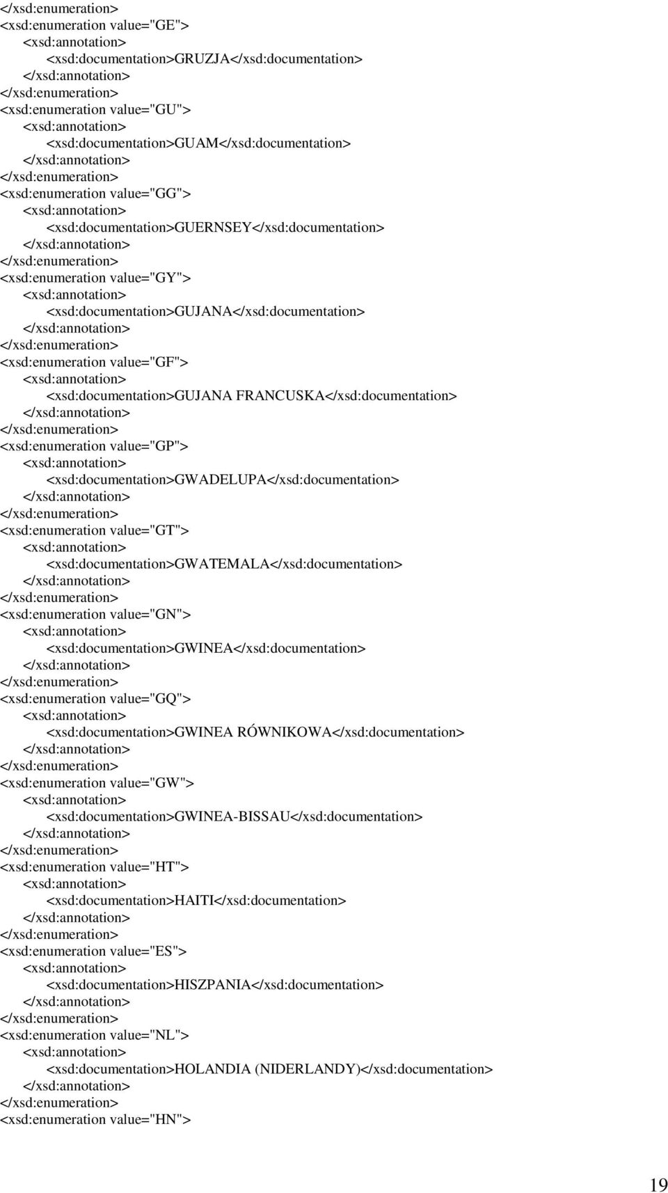 FRANCUSKA</xsd:documentation> <xsd:enumeration value="gp"> <xsd:documentation>gwadelupa</xsd:documentation> <xsd:enumeration value="gt"> <xsd:documentation>gwatemala</xsd:documentation>