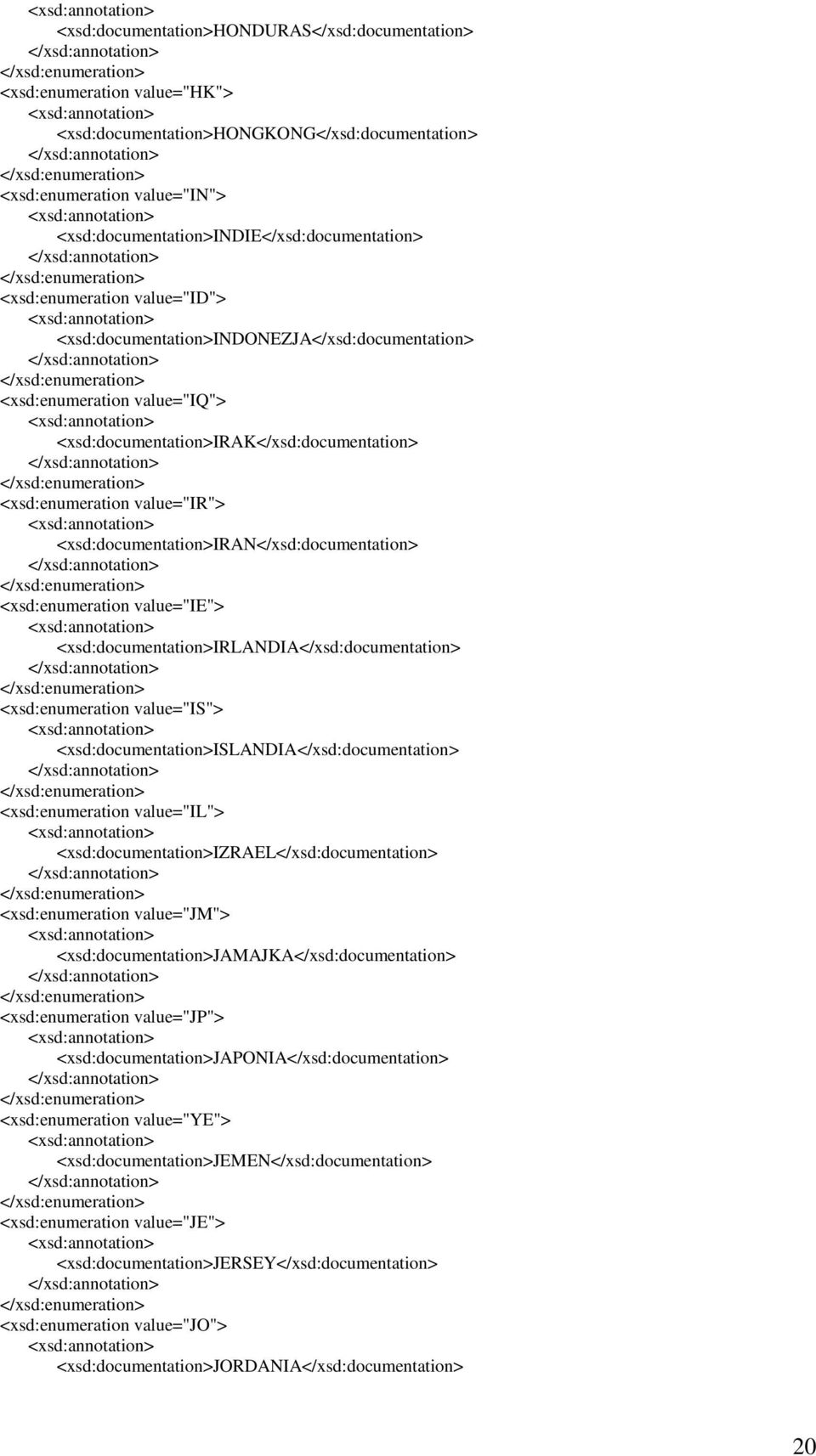 <xsd:documentation>iran</xsd:documentation> <xsd:enumeration value="ie"> <xsd:documentation>irlandia</xsd:documentation> <xsd:enumeration value="is"> <xsd:documentation>islandia</xsd:documentation>