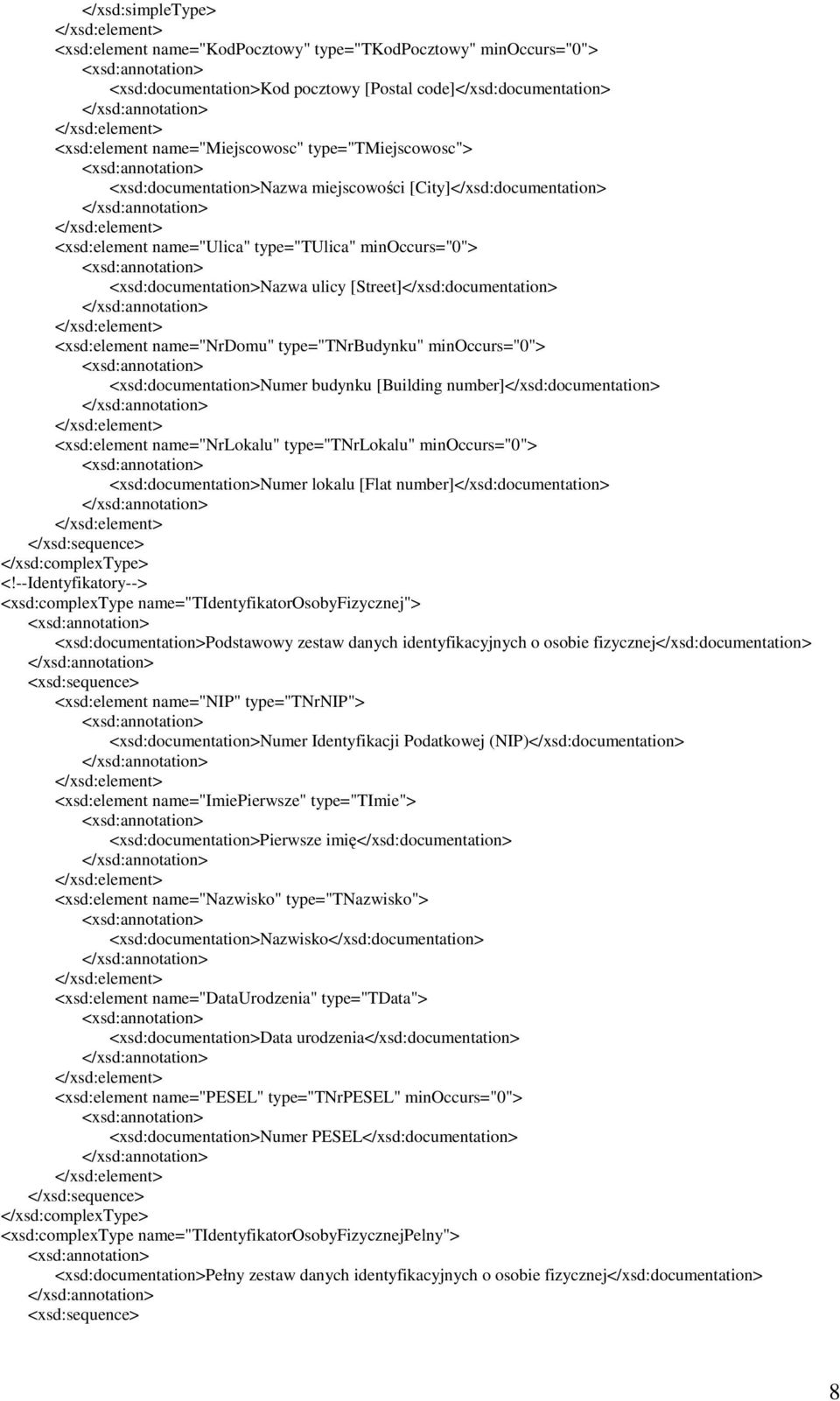 [Street]</xsd:documentation> <xsd:element name="nrdomu" type="tnrbudynku" minoccurs="0"> <xsd:documentation>numer budynku [Building number]</xsd:documentation> <xsd:element name="nrlokalu"