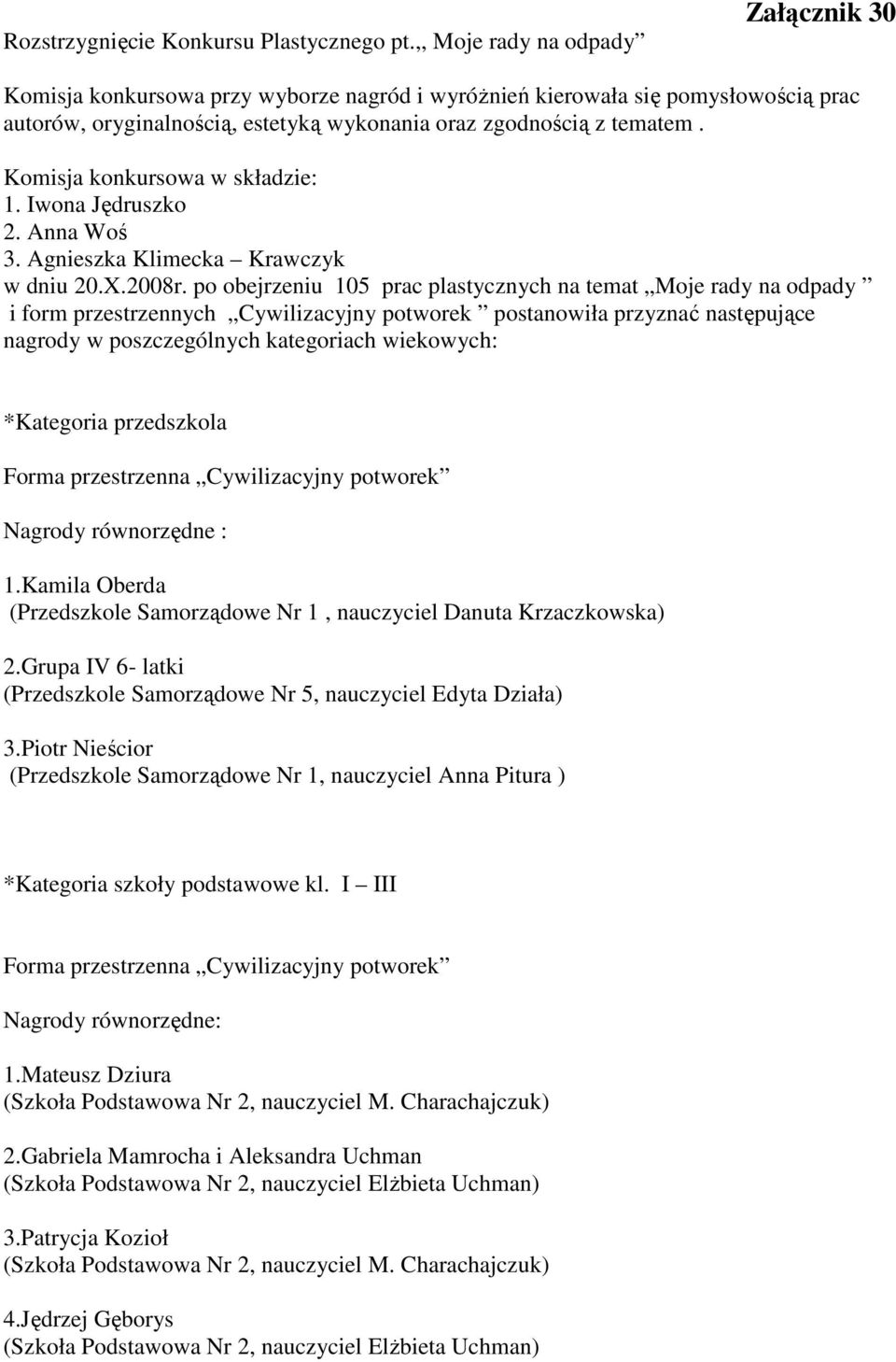 Komisja konkursowa w składzie: 1. Iwona Jędruszko 2. Anna Woś 3. Agnieszka Klimecka Krawczyk w dniu 20.X.2008r.