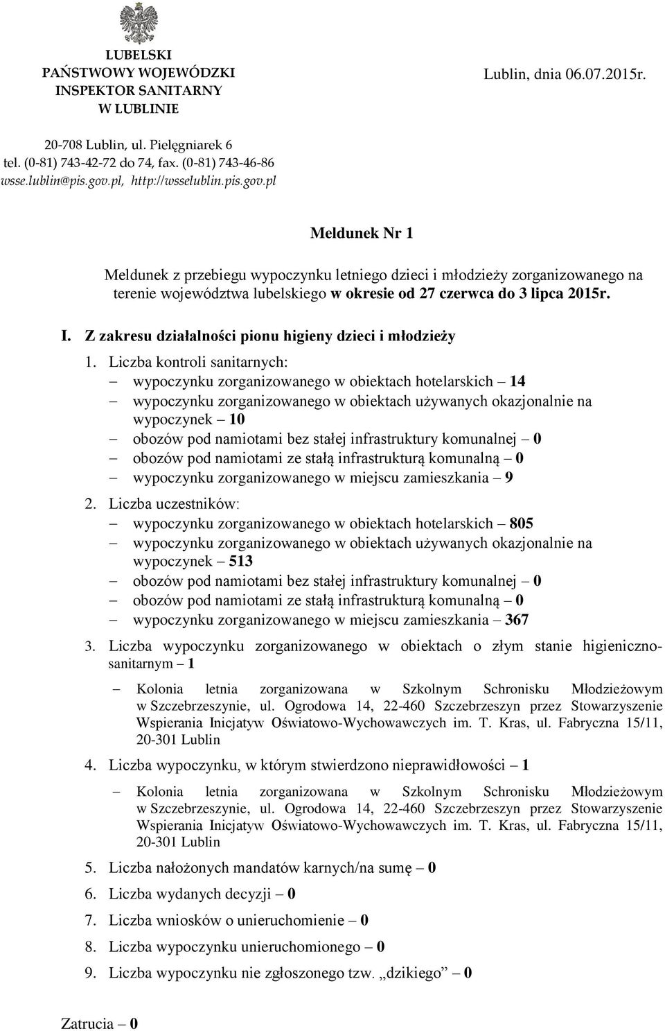 I. Z zakresu działalności pionu higieny dzieci i młodzieży 1.