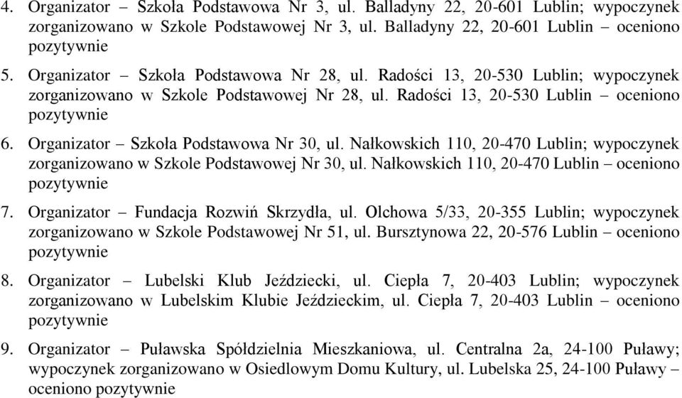 Organizator Szkoła Podstawowa Nr 30, ul. Nałkowskich 110, 20-470 Lublin; wypoczynek zorganizowano w Szkole Podstawowej Nr 30, ul. Nałkowskich 110, 20-470 Lublin oceniono 7.