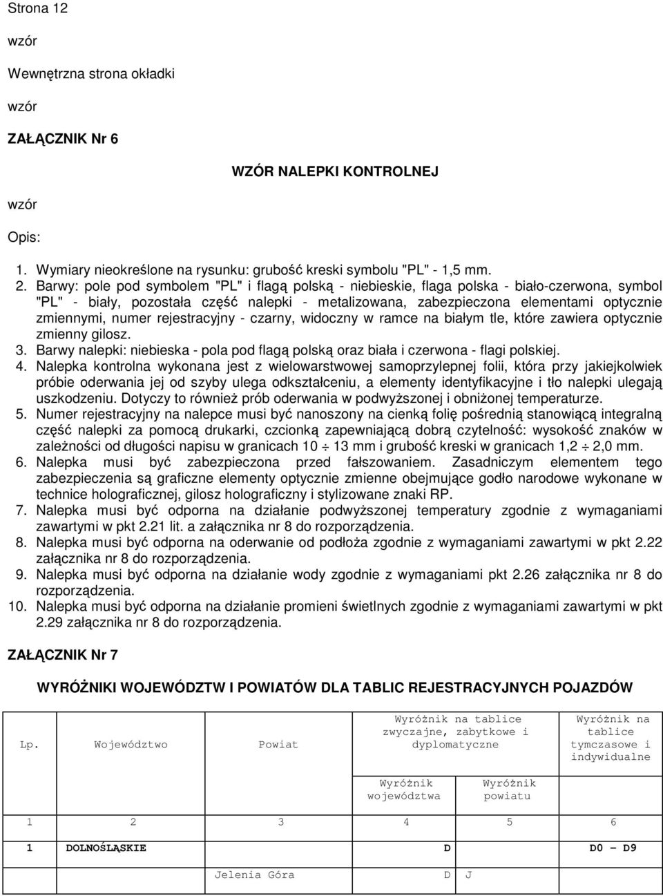 rejestracyjny - czarny, widoczny w ramce na białym tle, które zawiera optycznie zmienny gilosz. 3. Barwy nalepki: niebieska - pola pod flag polsk oraz biała i czerwona - flagi polskiej. 4.