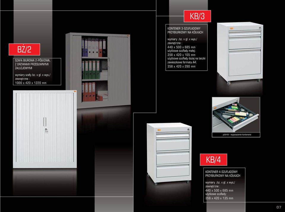 / zewn trzne : 440 x 500 x 685 mm u ytkowe szuflady ma ej: 358 x 420 x 105 mm u ytkowe szuflady du ej na teczki zawieszkowe formatu A4: