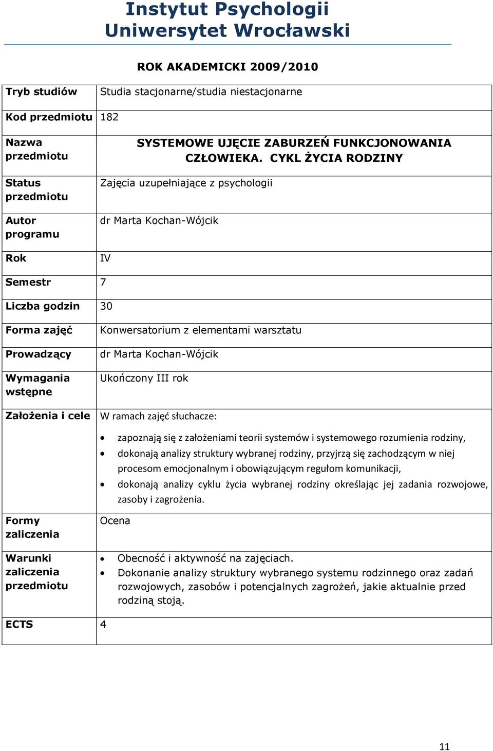 CYKL ŻYCIA RODZINY Zajęcia uzupełniające z psychologii dr Marta Kochan-Wójcik IV Semestr 7 Liczba godzin 30 Forma zajęć Prowadzący Wymagania wstępne Konwersatorium z elementami warsztatu dr Marta