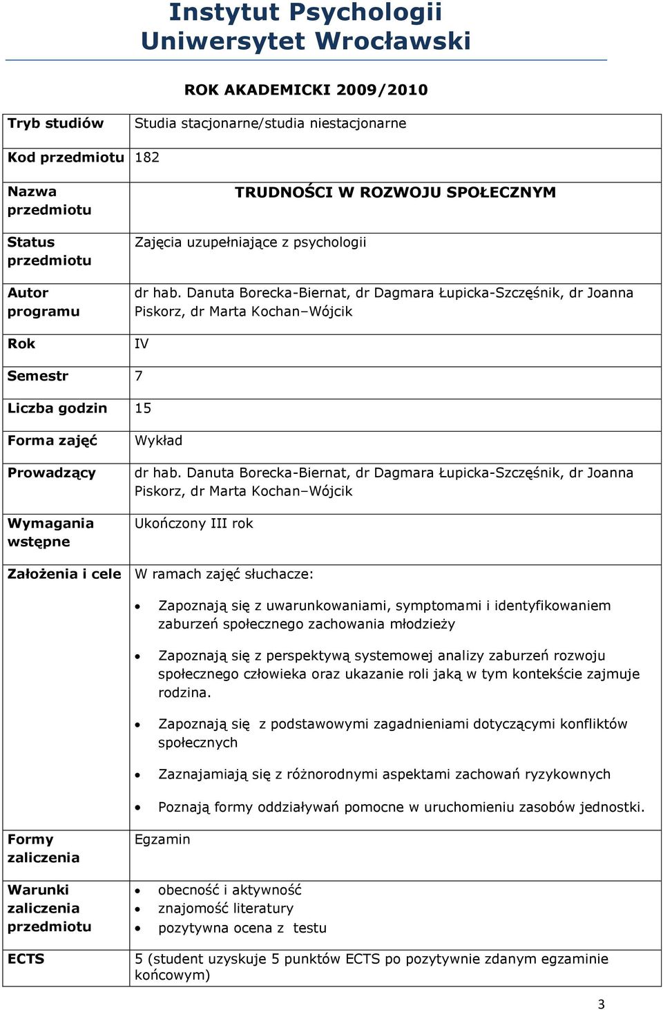 Danuta Borecka-Biernat, dr Dagmara Łupicka-Szczęśnik, dr Joanna Piskorz, dr Marta Kochan Wójcik IV Semestr 7 Liczba godzin 15 Forma zajęć Prowadzący Wymagania wstępne Wykład dr hab.