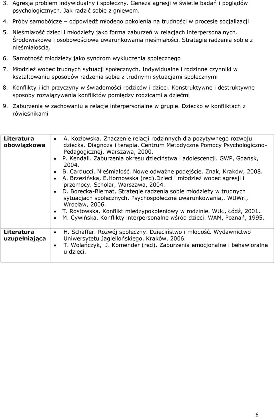 Środowiskowe i osobowościowe uwarunkowania nieśmiałości. Strategie radzenia sobie z nieśmiałością. 6. Samotność młodzieży jako syndrom wykluczenia społecznego 7.
