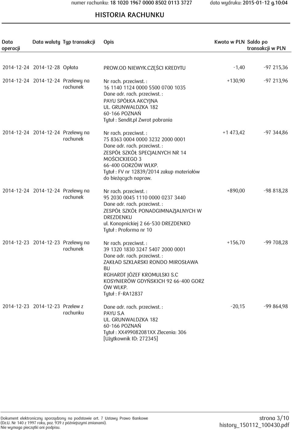 16 1140 1124 0000 5500 0700 1035 Tytuł : Sendit.pl Zwrot pobrania 75 8363 0004 0000 3232 2000 0001 ZESPÓŁ SZKÓŁ SPECJALNYCH NR 14 MOŚCICKIEGO 3 66-400 GORZÓW WLKP.