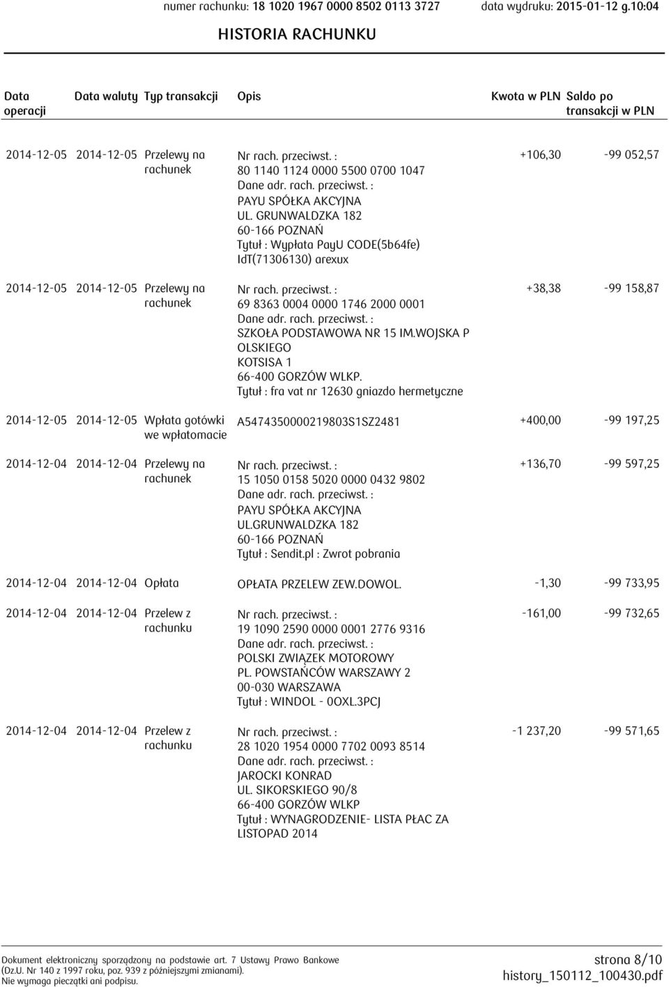 Tytuł : fra vat nr 12630 gniazdo hermetyczne +106,30-99 052,57 +38,38-99 158,87 2014-12-05 2014-12-05 Wpłata gotówki A5474350000219803S1SZ2481 +400,00-99 197,25 2014-12-04 2014-12-04 Przelewy na 15
