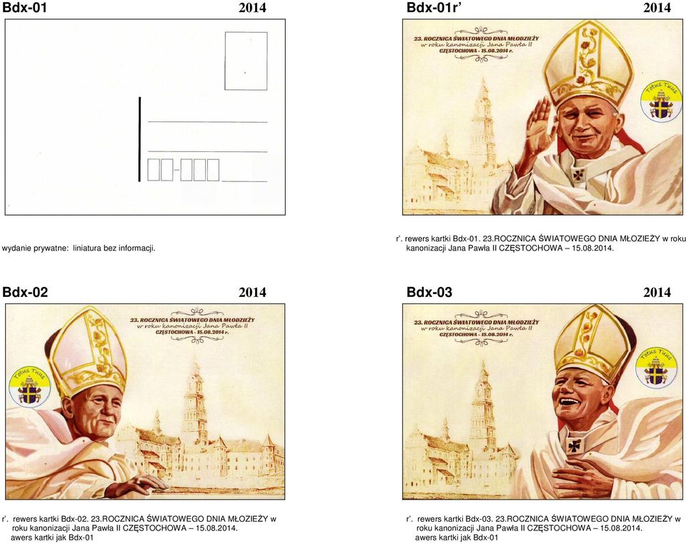 rewers kartki Bdx-02. 23.ROCZNICA ŚWIATOWEGO DNIA MŁOZIEŻY w roku kanonizacji Jana Pawła II CZĘSTOCHOWA 15.08.2014.