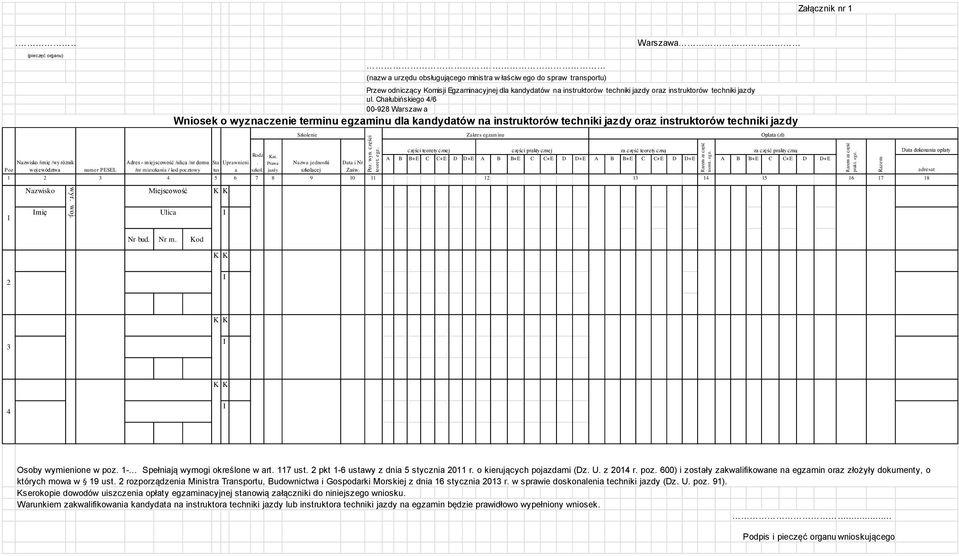 Chałubińskiego 4/6 00-928 Warszaw a Wniosek o wyznaczenie terminu egzaminu dla kandydatów na instruktorów techniki jazdy oraz instruktorów techniki jazdy Szkolenie Zakres egzaminu Warszawa Opłata