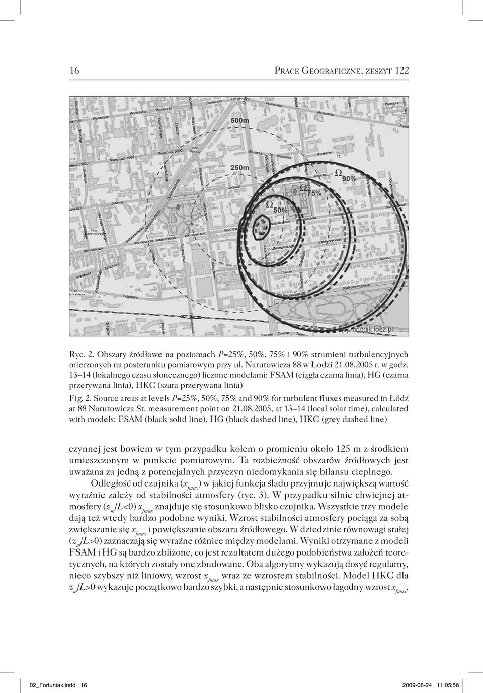 Source areas at levels P=25%, 50%, 75% and 90% for turbulent fluxes measured in Łódź at 88 Narutowicza St. measurement point on 21.08.