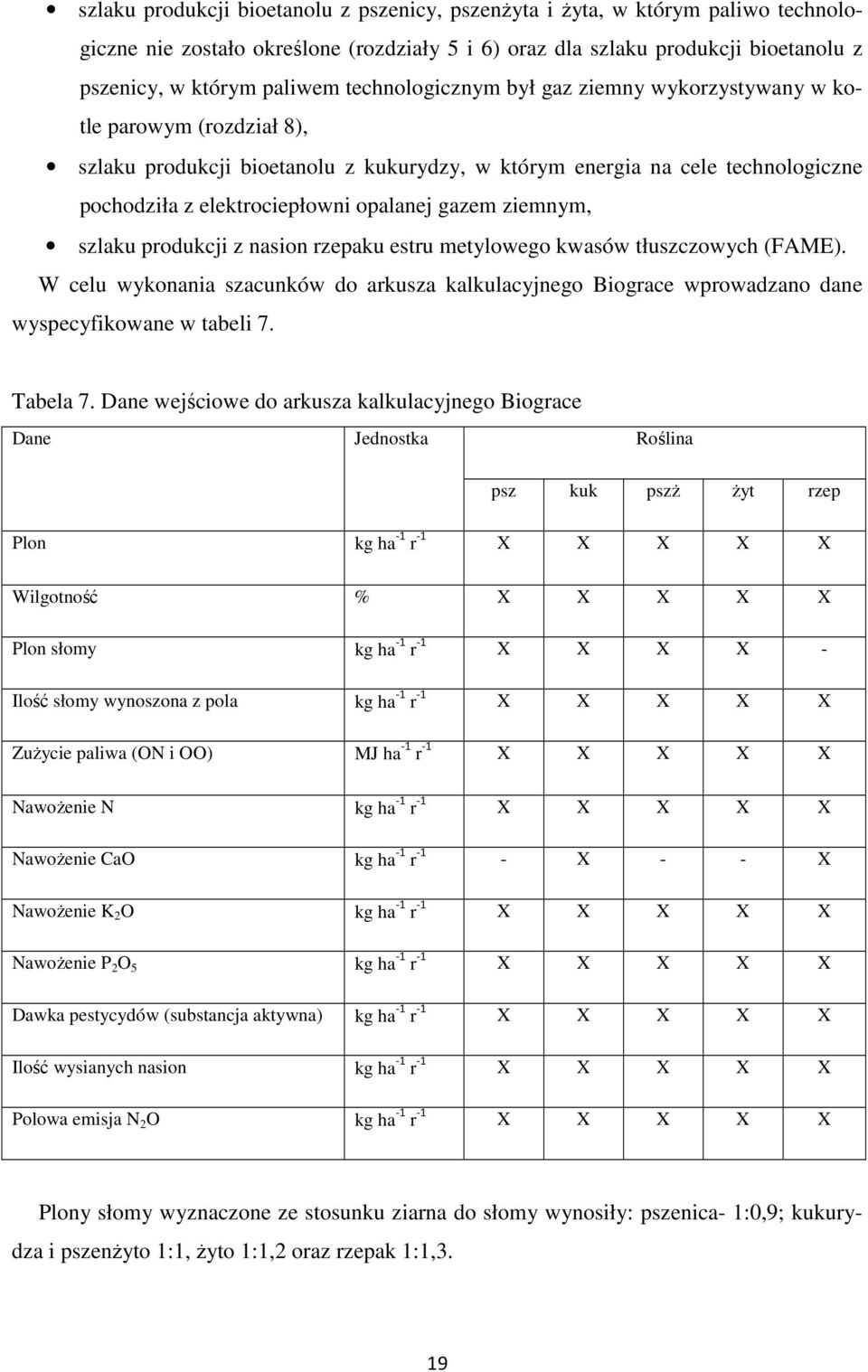 gazem ziemnym, szlaku produkcji z nasion rzepaku estru metylowego kwasów tłuszczowych (FAME). W celu wykonania szacunków do arkusza kalkulacyjnego Biograce wprowadzano dane wyspecyfikowane w tabeli 7.