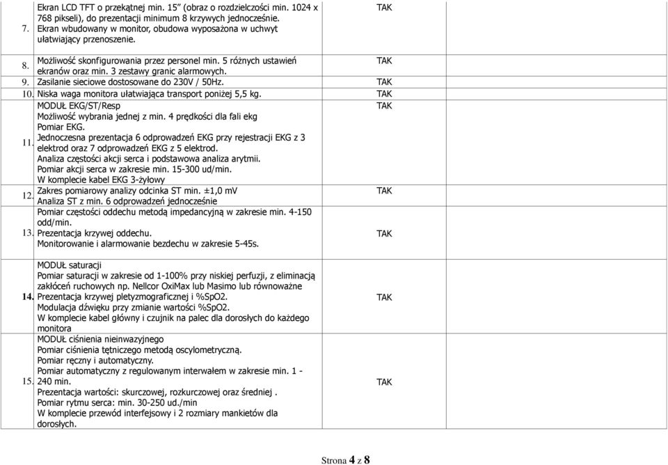 Zasilanie sieciowe dostosowane do 230V / 50Hz. 10. Niska waga monitora ułatwiająca transport poniżej 5,5 kg. MODUŁ EKG/ST/Resp Możliwość wybrania jednej z min. 4 prędkości dla fali ekg Pomiar EKG.