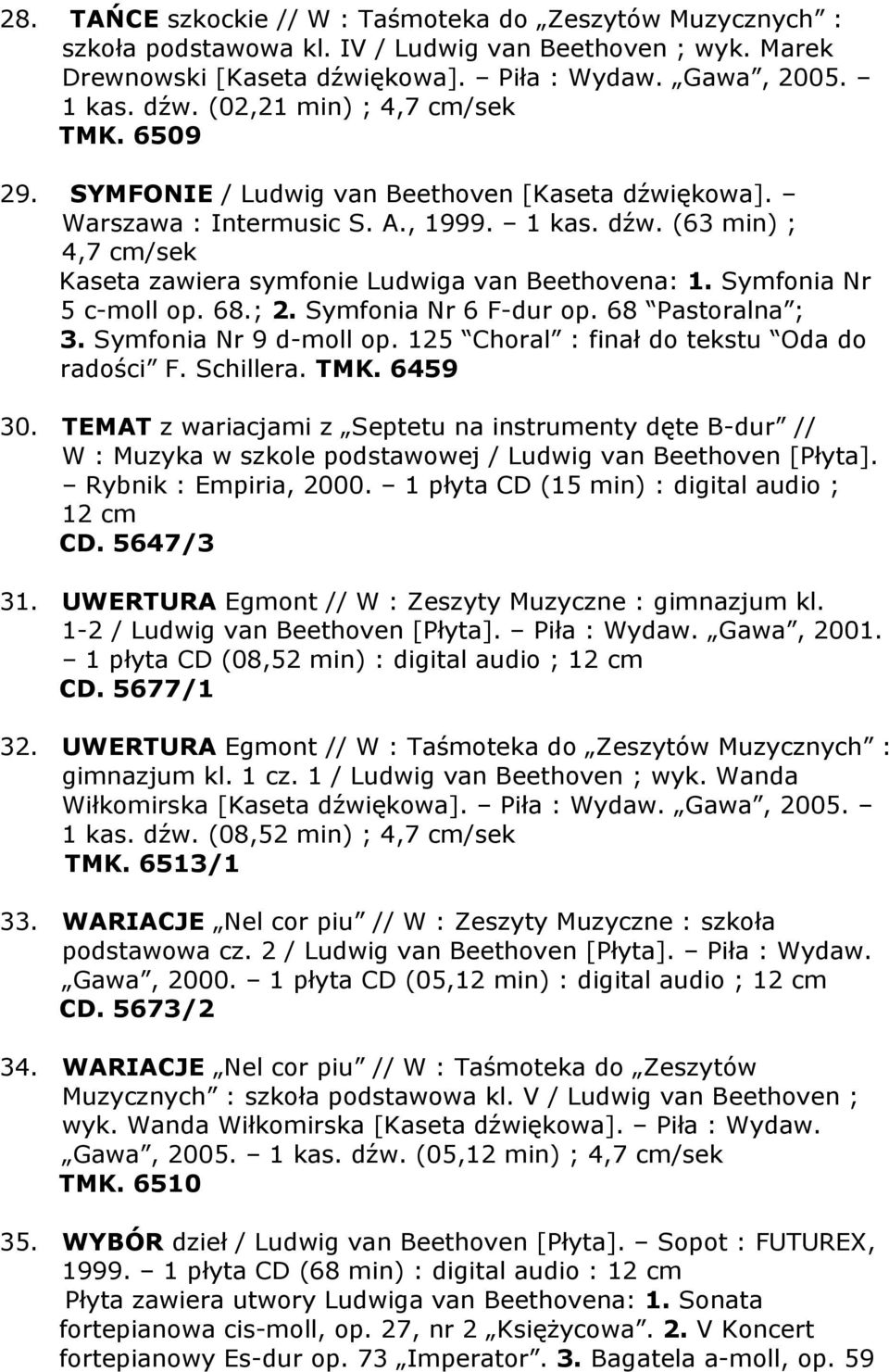 Symfonia Nr 5 c-moll op. 68.; 2. Symfonia Nr 6 F-dur op. 68 Pastoralna ; 3. Symfonia Nr 9 d-moll op. 125 Choral : finał do tekstu Oda do radości F. Schillera. 30.