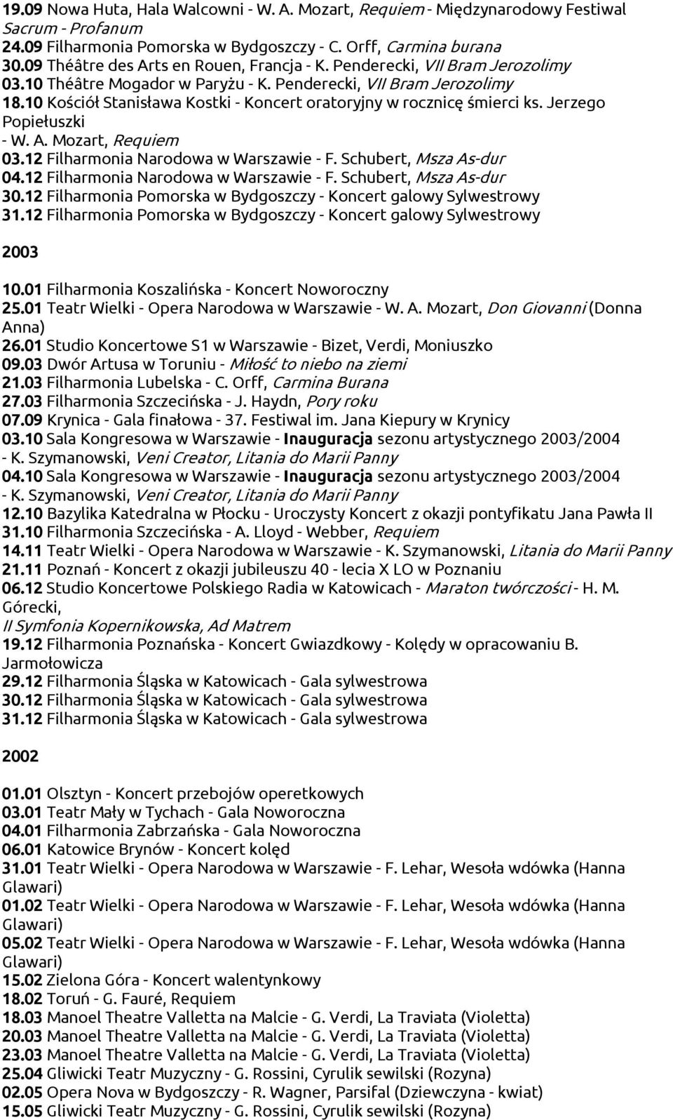 10 Kościół Stanisława Kostki - Koncert oratoryjny w rocznicę śmierci ks. Jerzego Popiełuszki - W. A. Mozart, Requiem 03.12 Filharmonia Narodowa w Warszawie - F. Schubert, Msza As-dur 04.