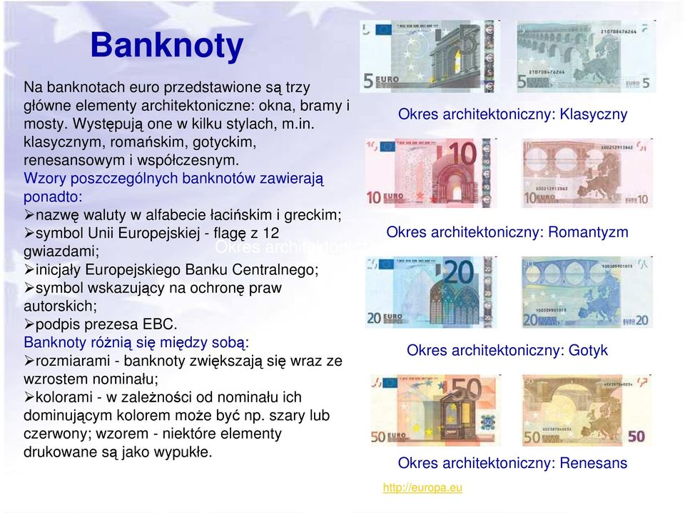 Wzory poszczególnych banknotów zawierają ponadto: nazwę waluty w alfabecie łacińskim i greckim; symbol Unii Europejskiej - flagę z 12 gwiazdami; inicjały Europejskiego Banku Centralnego; symbol
