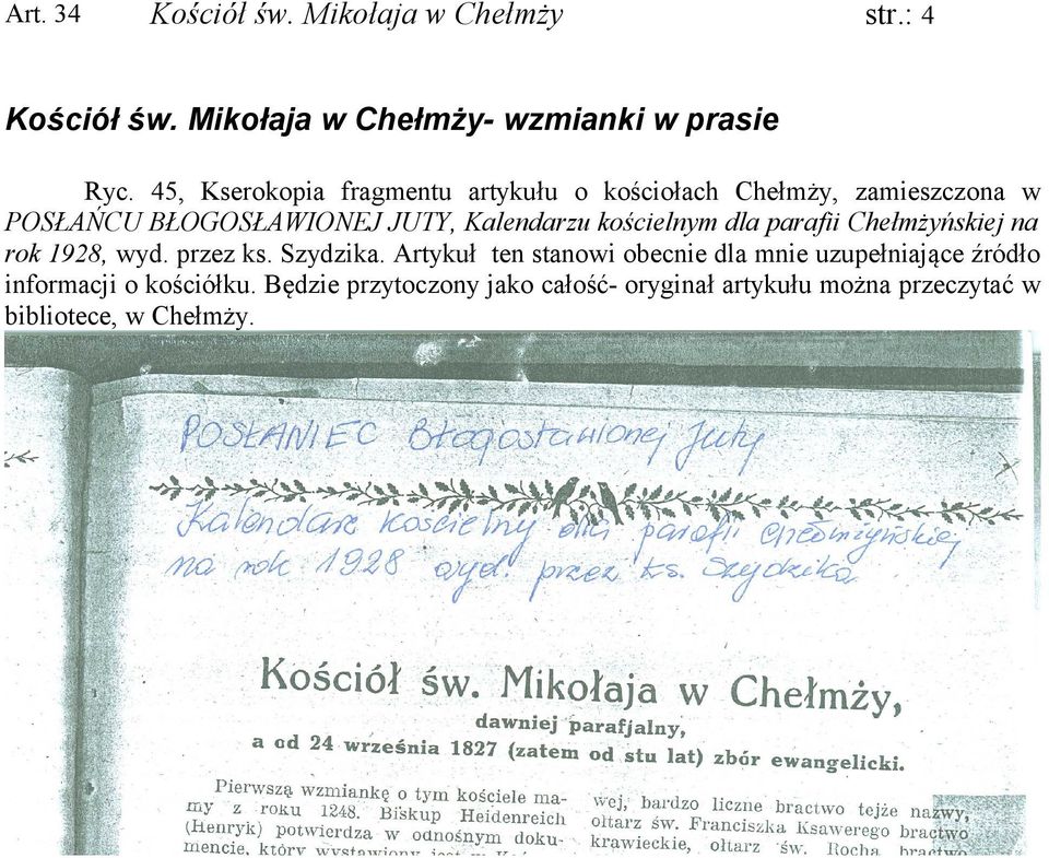 kościelnym dla parafii Chełmżyńskiej na rok 1928, wyd. przez ks. Szydzika.