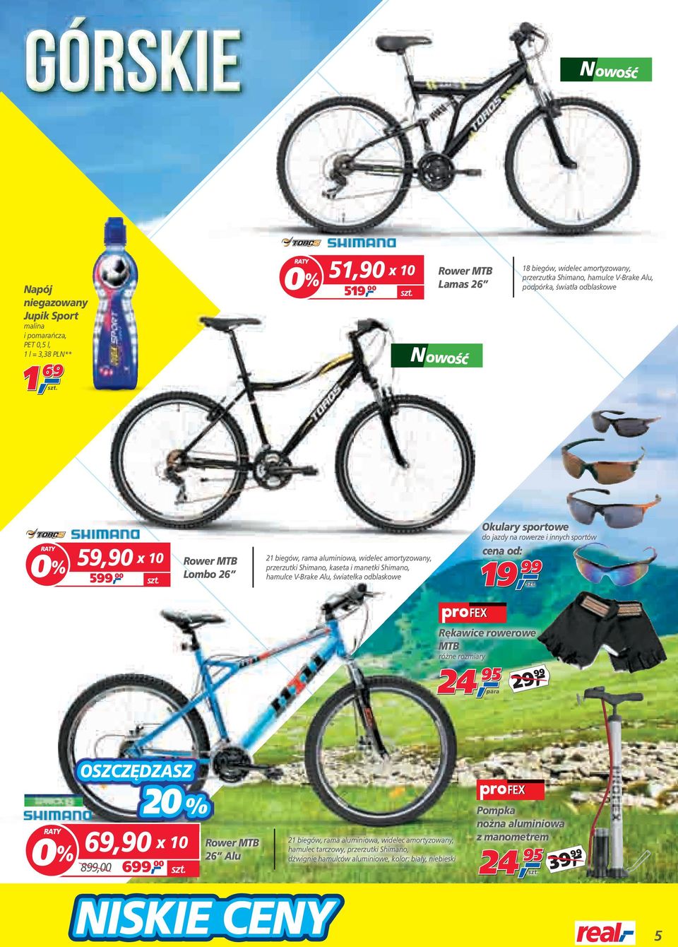 amortyzowany, przerzutki Shimano, kaseta i manetki Shimano, hamulce V-Brake Alu, światełka odblaskowe 19 Rękawice rowerowe MTB różne rozmiary 24 para 24 29, 20 % 21 biegów, rama