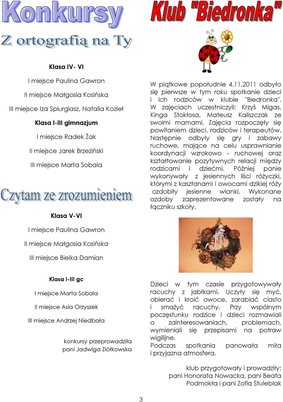 W zajęciach uczestniczyli: Krzyś Migas, Kinga Stokłosa, Mateusz Kaliszczak ze swoimi mamami. Zajęcia rozpoczęły się powitaniem dzieci, rodziców i terapeutów.