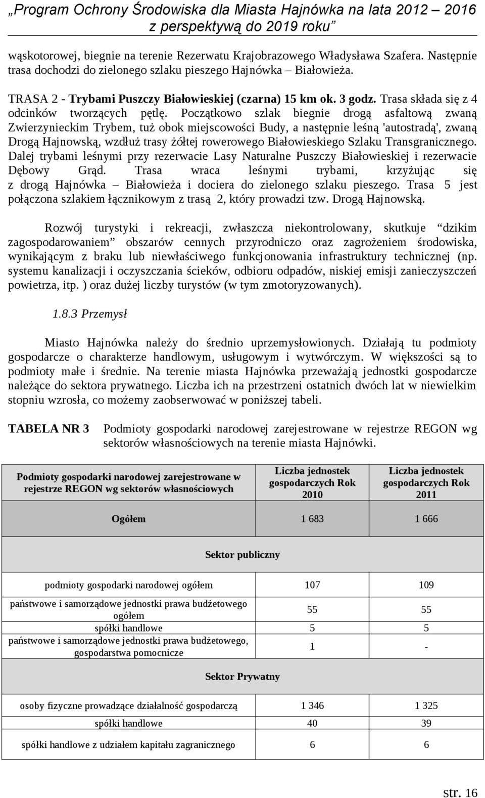 Początkowo szlak biegnie drogą asfaltową zwaną Zwierzynieckim Trybem, tuż obok miejscowości Budy, a następnie leśną 'autostradą', zwaną Drogą Hajnowską, wzdłuż trasy żółtej rowerowego Białowieskiego