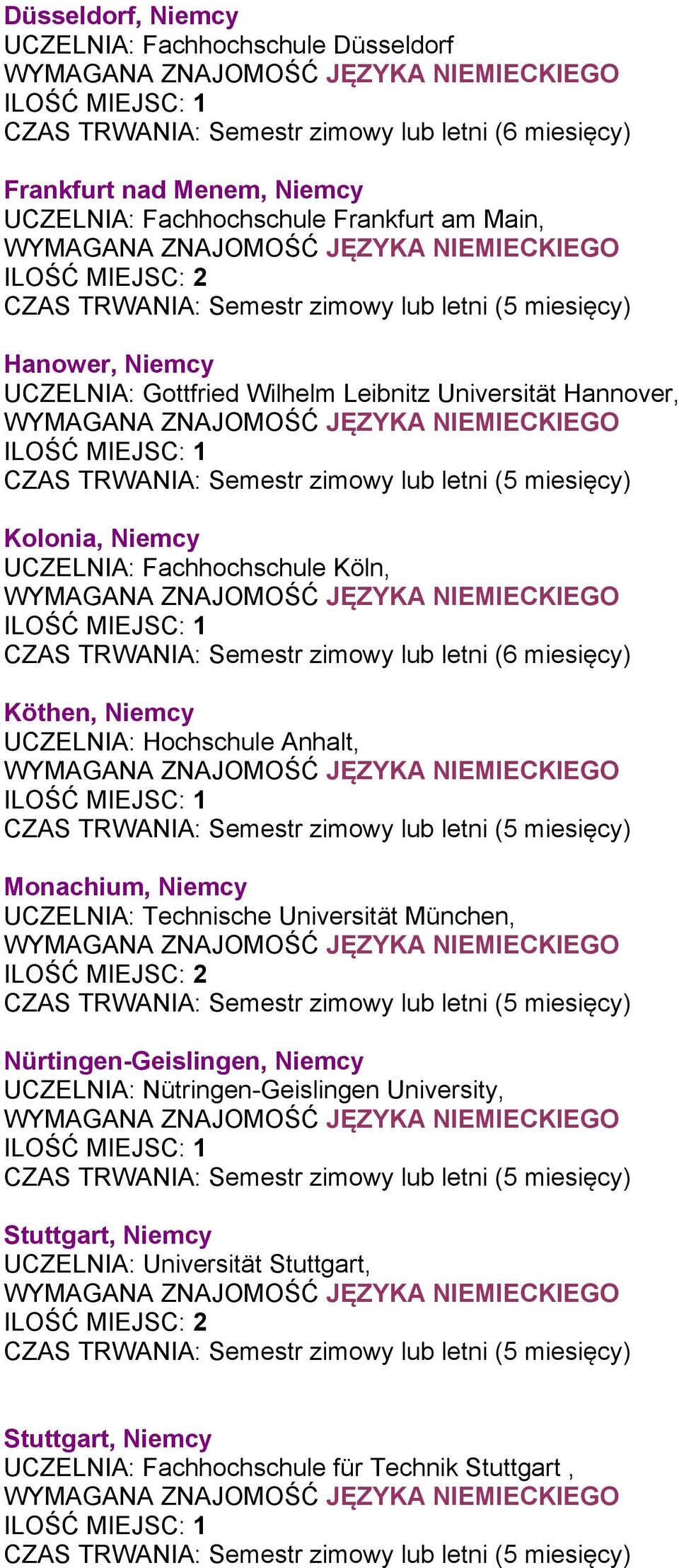 UCZELNIA: Hochschule Anhalt, Monachium, Niemcy UCZELNIA: Technische Universität München, Nürtingen-Geislingen, Niemcy UCZELNIA:
