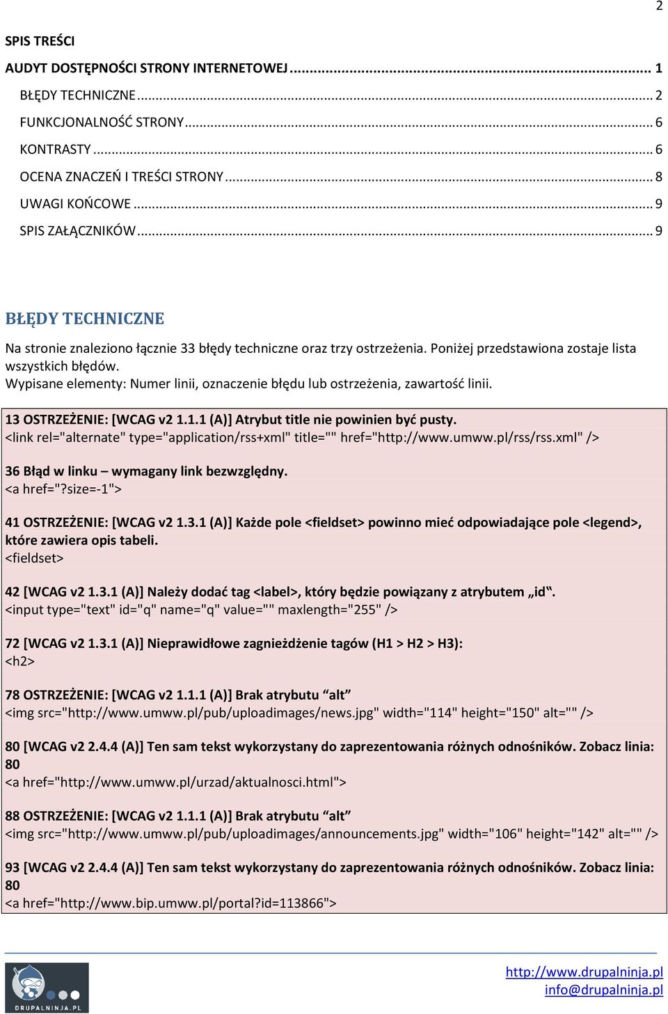 Wypisane elementy: Numer linii, oznaczenie błędu lub ostrzeżenia, zawartość linii. 13 OSTRZEŻENIE: [WCAG v2 1.1.1 (A)] Atrybut title nie powinien być pusty.
