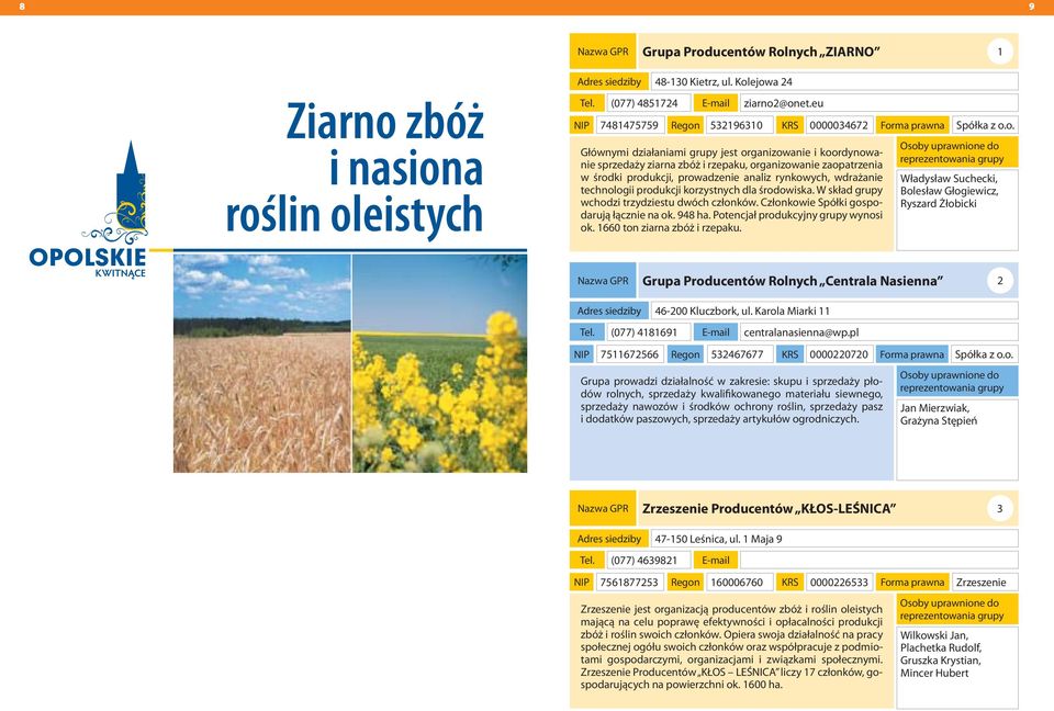 rynkowych, wdrażanie technologii produkcji korzystnych dla środowiska. W skład grupy wchodzi trzydziestu dwóch członków. Członkowie Spółki gospodarują łącznie na ok. 948 ha.