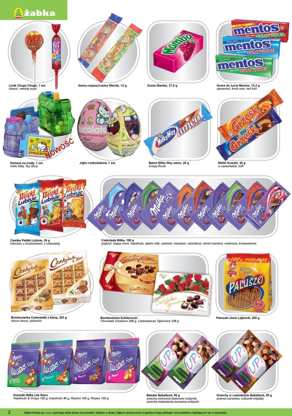 Baton Milky Way ameo, 25 g Crispy Rools Wafel Grześki, 36 g w czekoladzie, toffi Ciastka Petitki Lubisie, 30 g mleczne, z truskawkami, z czekoladą Czekolada Milka, 100 g yoghurt, happy cows,