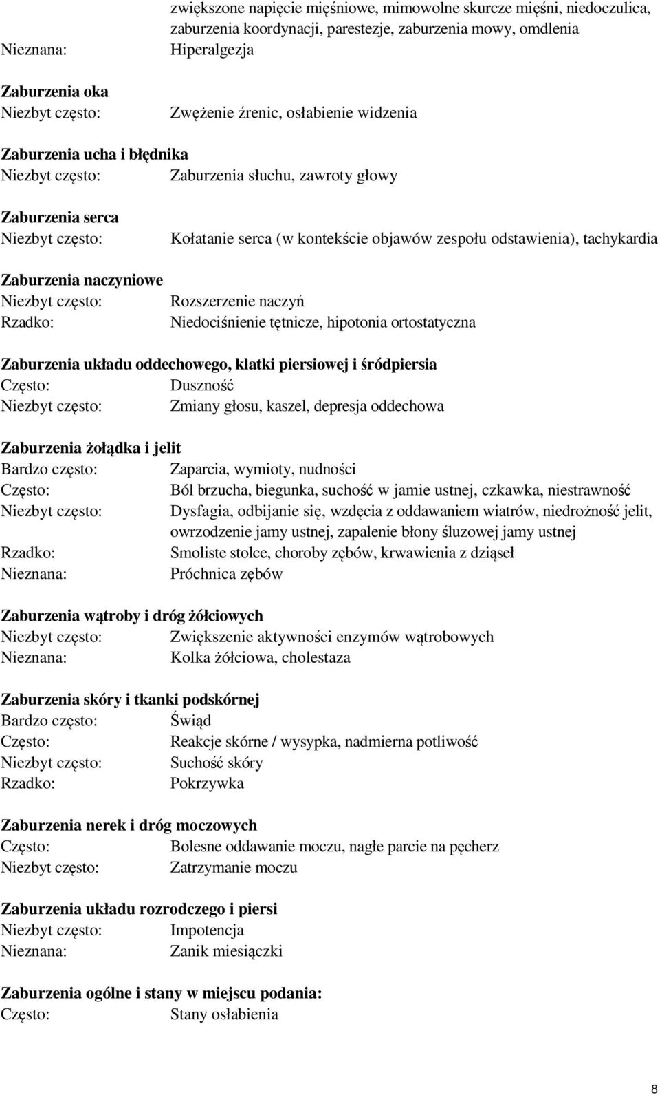 (w kontekście objawów zespołu odstawienia), tachykardia Rozszerzenie naczyń Niedociśnienie tętnicze, hipotonia ortostatyczna Zaburzenia układu oddechowego, klatki piersiowej i śródpiersia Duszność