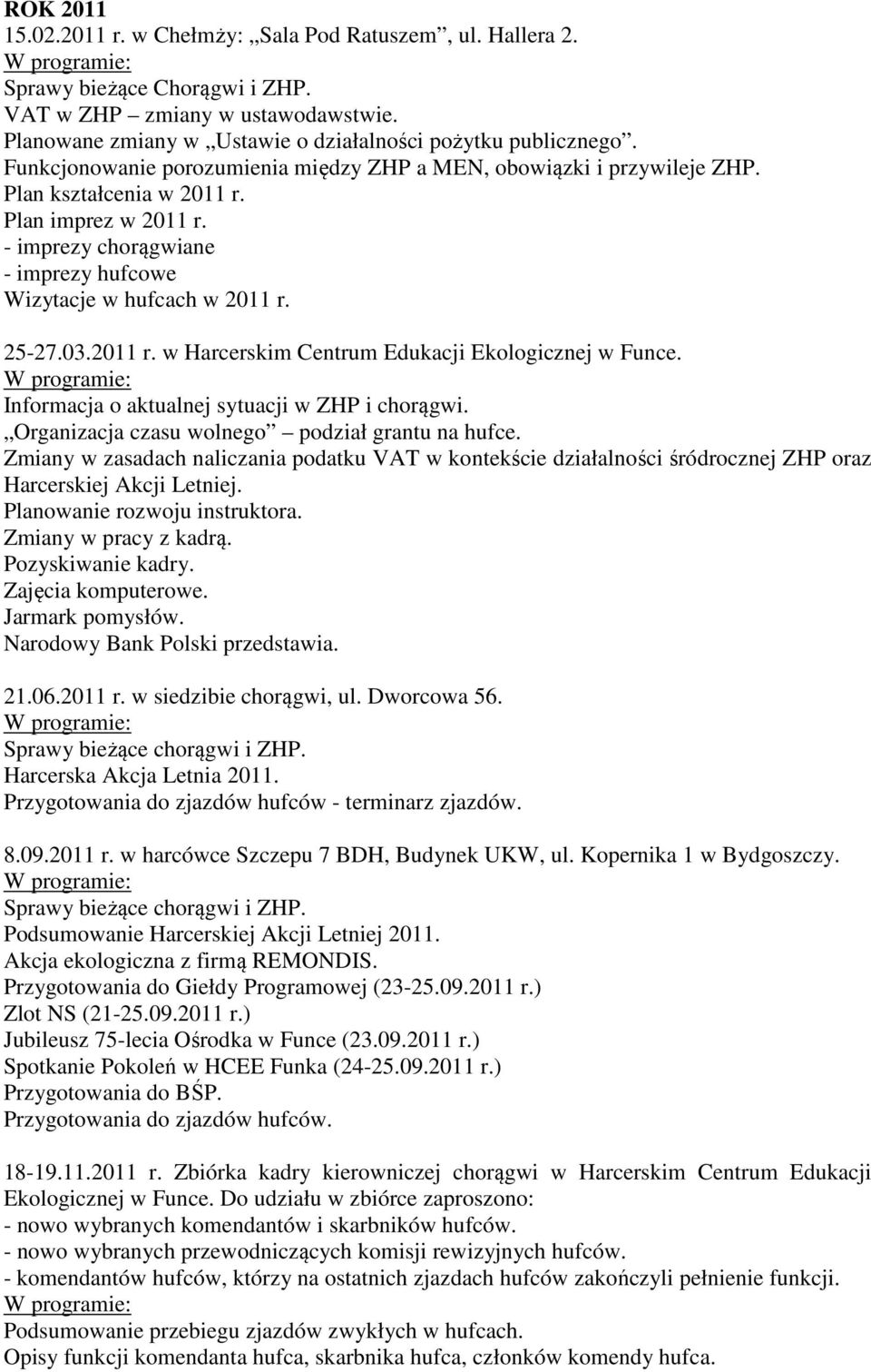 - imprezy chorągwiane - imprezy hufcowe Wizytacje w hufcach w 2011 r. 25-27.03.2011 r. w Harcerskim Centrum Edukacji Ekologicznej w Funce.