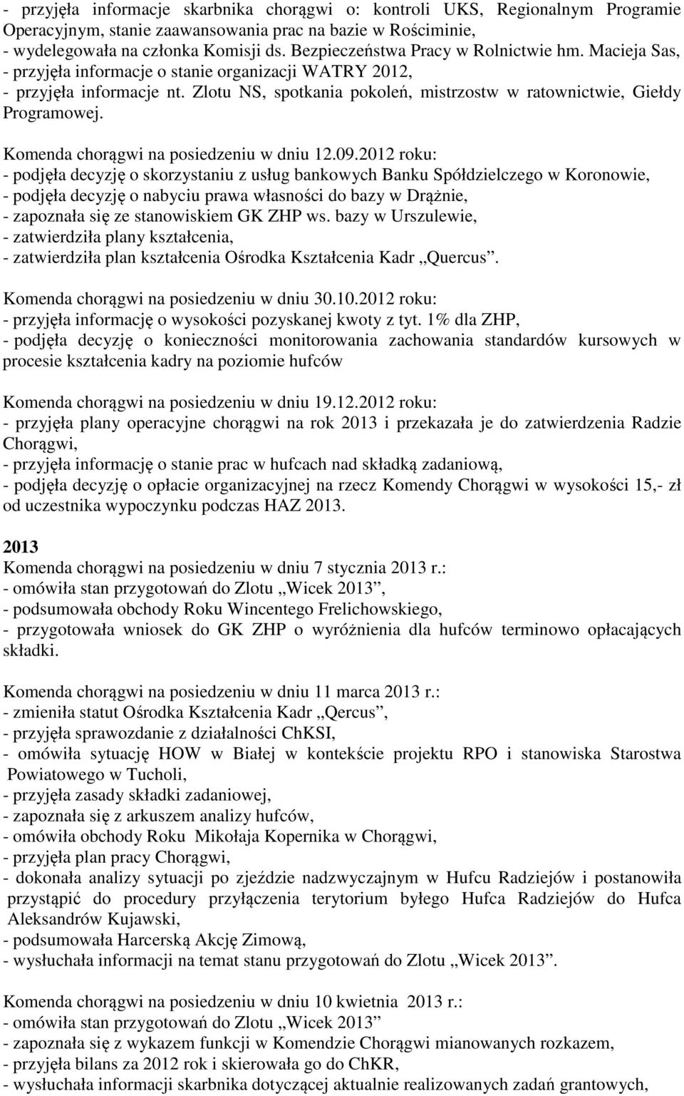 Zlotu NS, spotkania pokoleń, mistrzostw w ratownictwie, Giełdy Programowej. Komenda chorągwi na posiedzeniu w dniu 12.09.