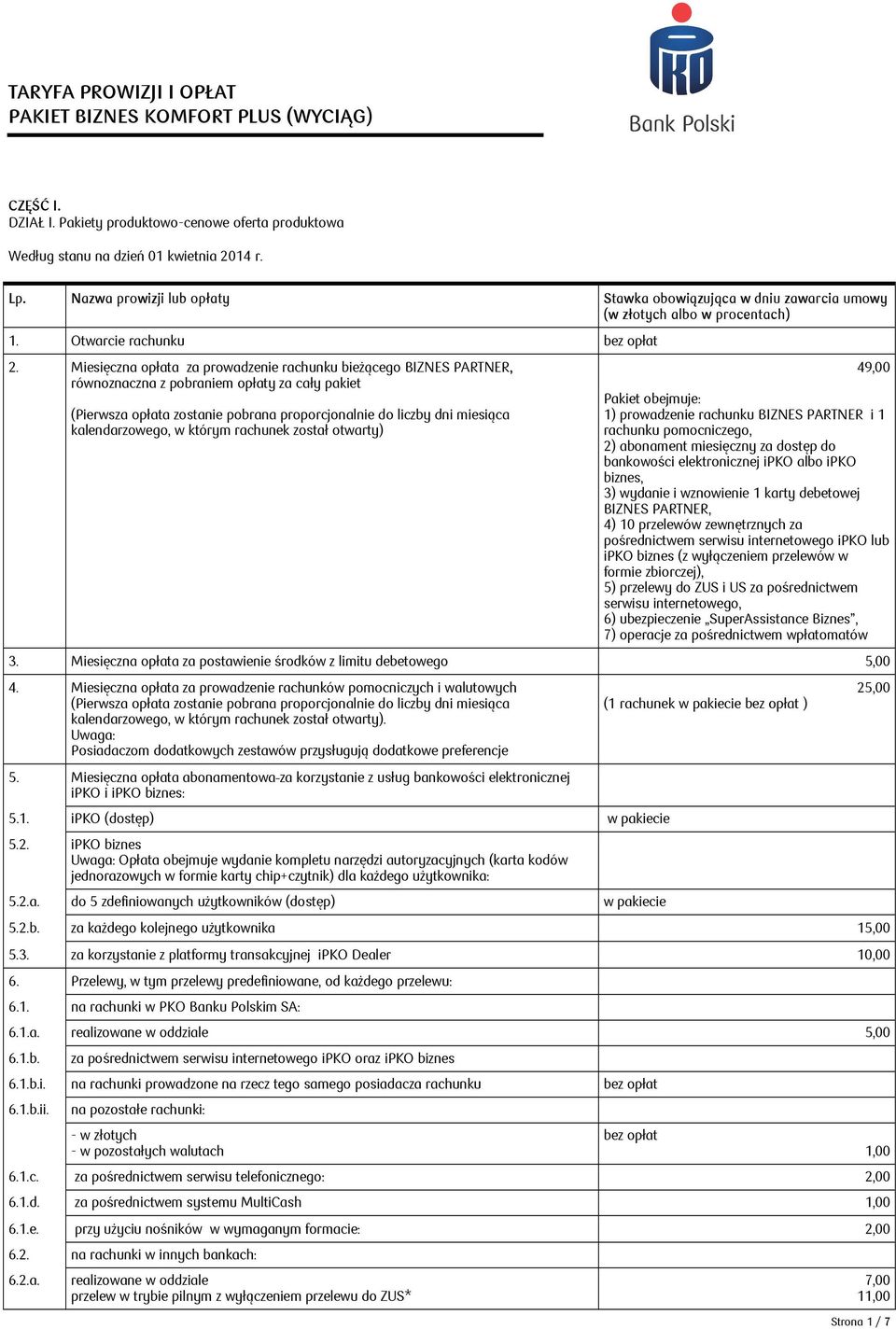 Miesięczna opłata za prowadzenie rachunku bieżącego BIZNES PARTNER, równoznaczna z pobraniem opłaty za cały pakiet (Pierwsza opłata zostanie pobrana proporcjonalnie do liczby dni miesiąca