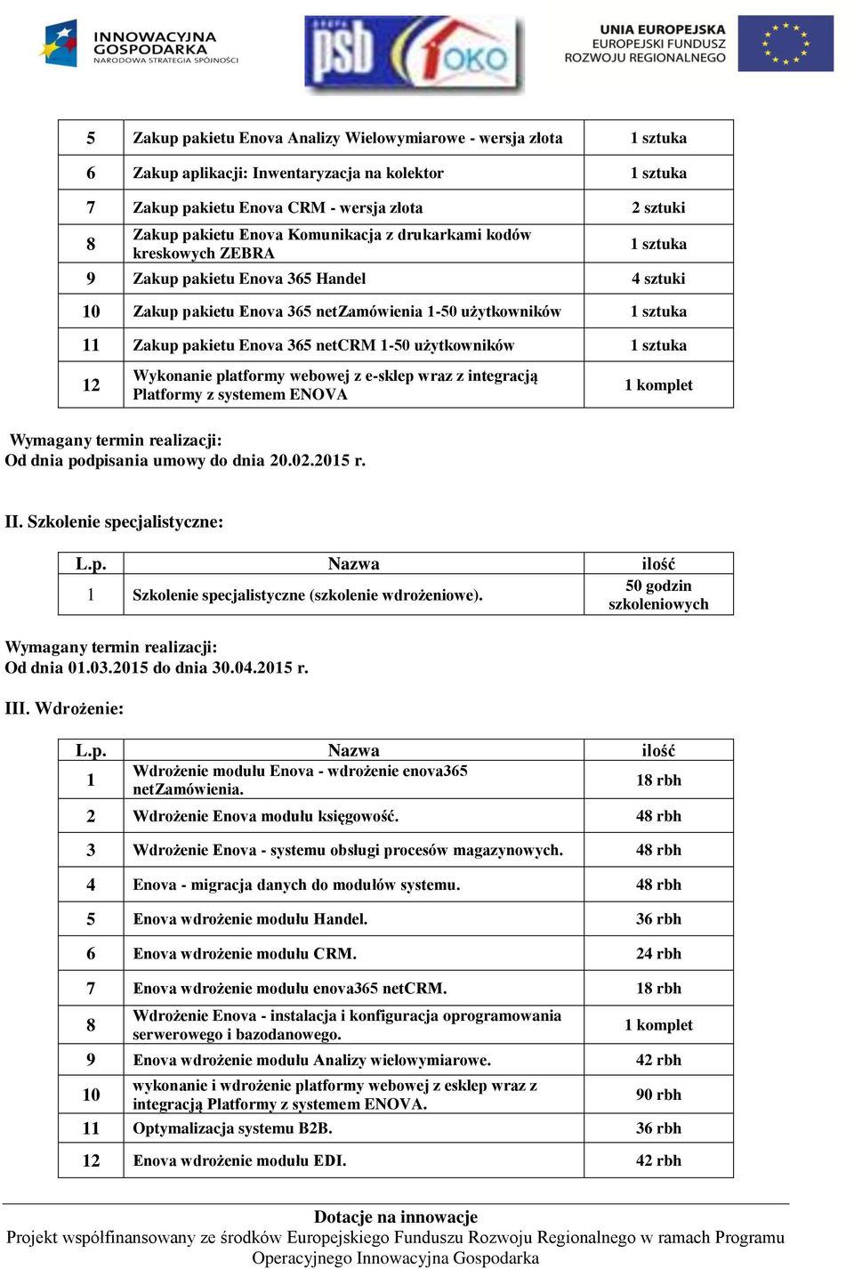 platformy webowej z e-sklep wraz z integracją Platformy z systemem ENOVA Wymagany termin realizacji: Od dnia podpisania umowy do dnia 20.02.2015 r. II. Szkolenie specjalistyczne: L.p. Nazwa ilość 1 Szkolenie specjalistyczne (szkolenie wdrożeniowe).