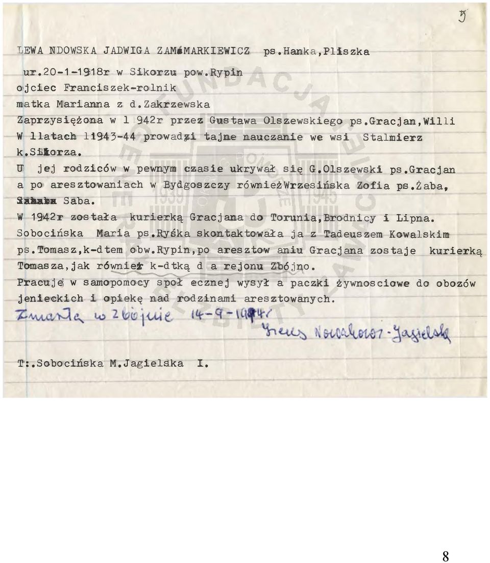 gracjan a po aresztowaniach w Bydgoszczy równieżwrzesińska Zofia ps.żaba, Sakatea Saba. W 1942r została kurierką Gracjana do Torunia,Brodnicy i Lipna. Sobocińska Maria ps.