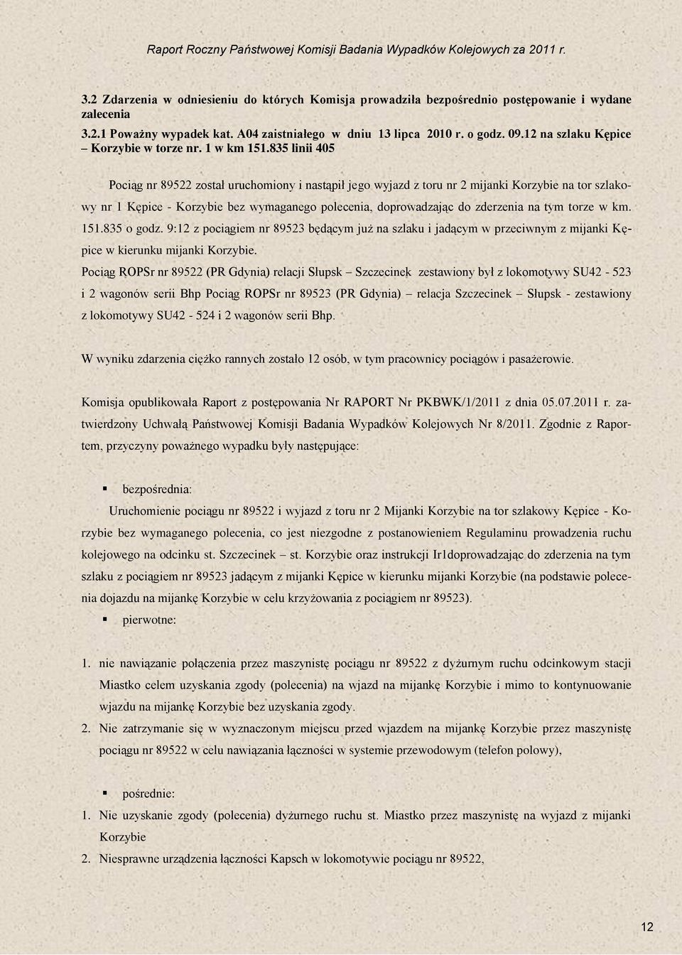 835 linii 405 Pociąg nr 89522 został uruchomiony i nastąpił jego wyjazd z toru nr 2 mijanki Korzybie na tor szlakowy nr 1 Kępice - Korzybie bez wymaganego polecenia, doprowadzając do zderzenia na tym