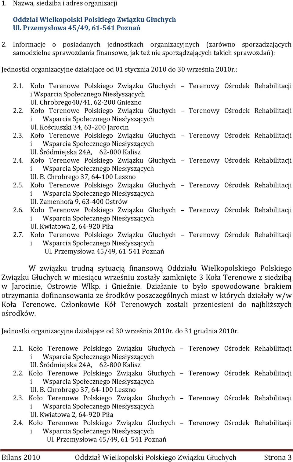 01 stycznia 2010 do 30 września 2010r.: 2.1. Koło Terenowe Polskiego Związku Głuchych Terenowy Ośrodek Rehabilitacji i Wsparcia Społecznego Niesłyszących Ul. Chrobrego40/41, 62-200 Gniezno 2.2. Koło Terenowe Polskiego Związku Głuchych Terenowy Ośrodek Rehabilitacji i Wsparcia Społecznego Niesłyszących Ul. Kościuszki 34, 63-200 Jarocin 2.