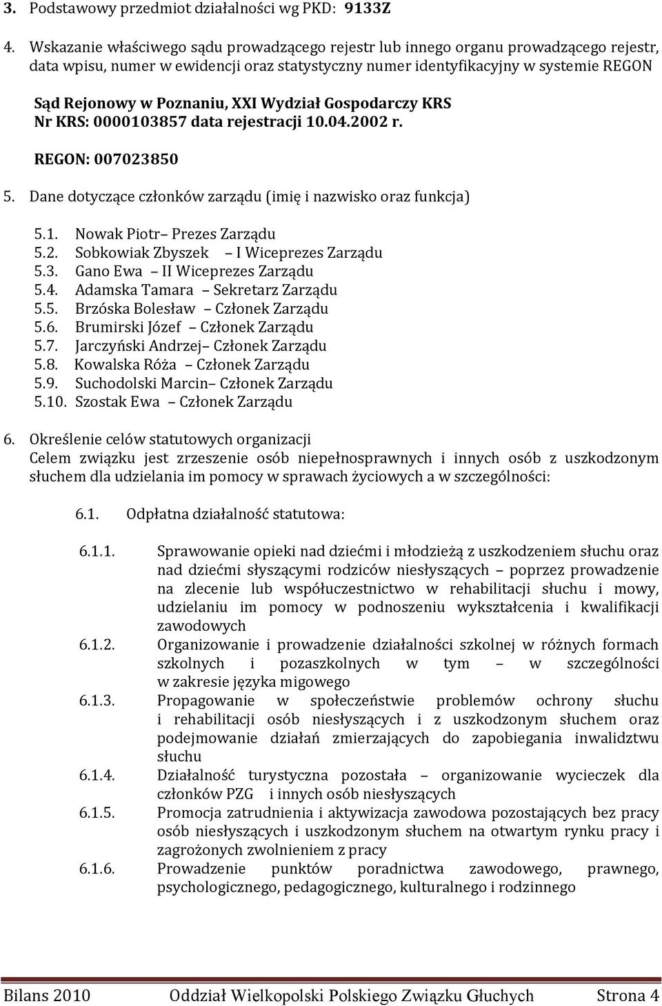 XXI Wydział Gospodarczy KRS Nr KRS: 0000103857 data rejestracji 10.04.2002 r. REGON: 007023850 5. Dane dotyczące członków zarządu (imię i nazwisko oraz funkcja) 5.1. Nowak Piotr Prezes Zarządu 5.2. Sobkowiak Zbyszek I Wiceprezes Zarządu 5.