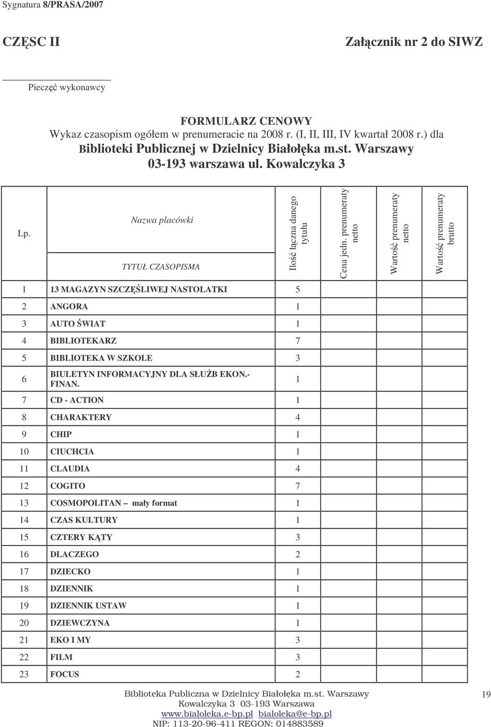 prenumeraty netto Warto prenumeraty netto Warto prenumeraty brutto 1 13 MAGAZYN SZCZLIWEJ NASTOLATKI 5 2 ANGORA 1 3 AUTO WIAT 1 4 BIBLIOTEKARZ 7 5 BIBLIOTEKA W SZKOLE 3 6 BIULETYN INFORMACYJNY DLA