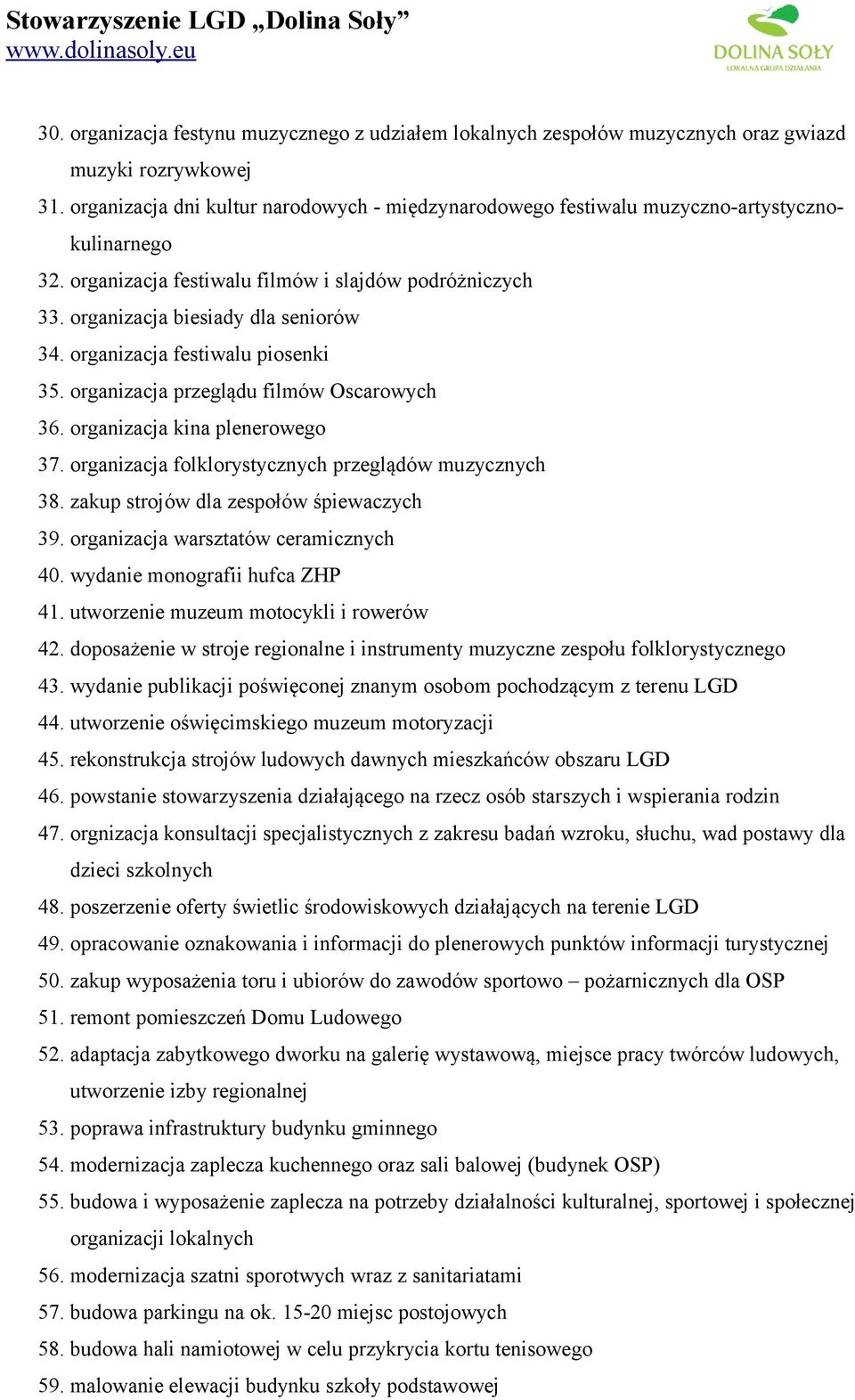 organizacja festiwalu piosenki 3. organizacja przeglądu filmów Oscarowych 3. organizacja kina plenerowego 37. organizacja folklorystycznych przeglądów muzycznych 38.