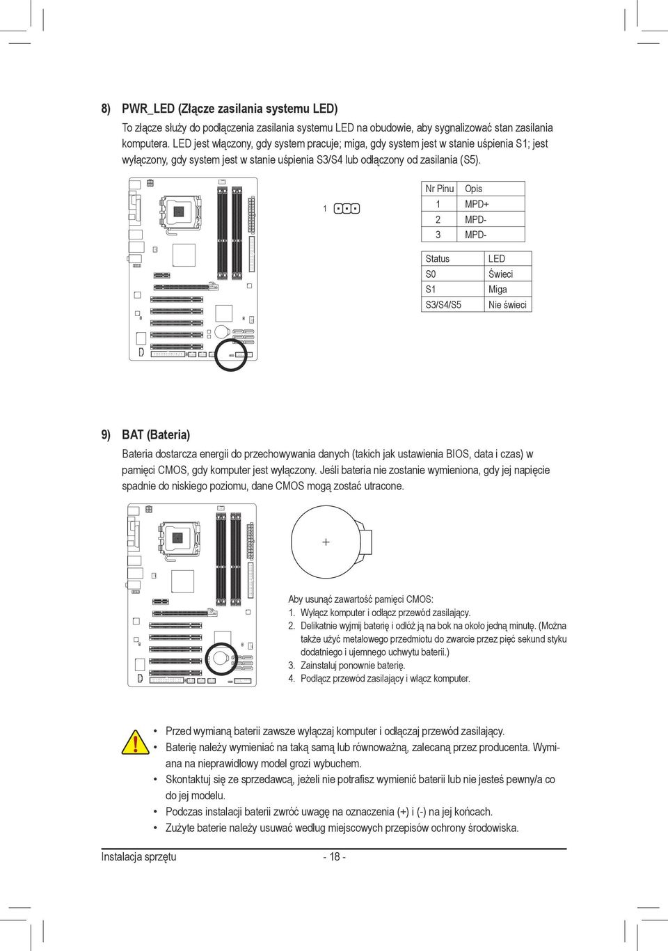 Nr Pinu Opis MPD+ 2 MPD- 3 MPD- Status S0 S S3/S4/S5 LED Świeci Miga Nie świeci 9) BAT (Bateria) Bateria dostarcza energii do przechowywania danych (takich jak ustawienia BIOS, data i czas) w pamięci