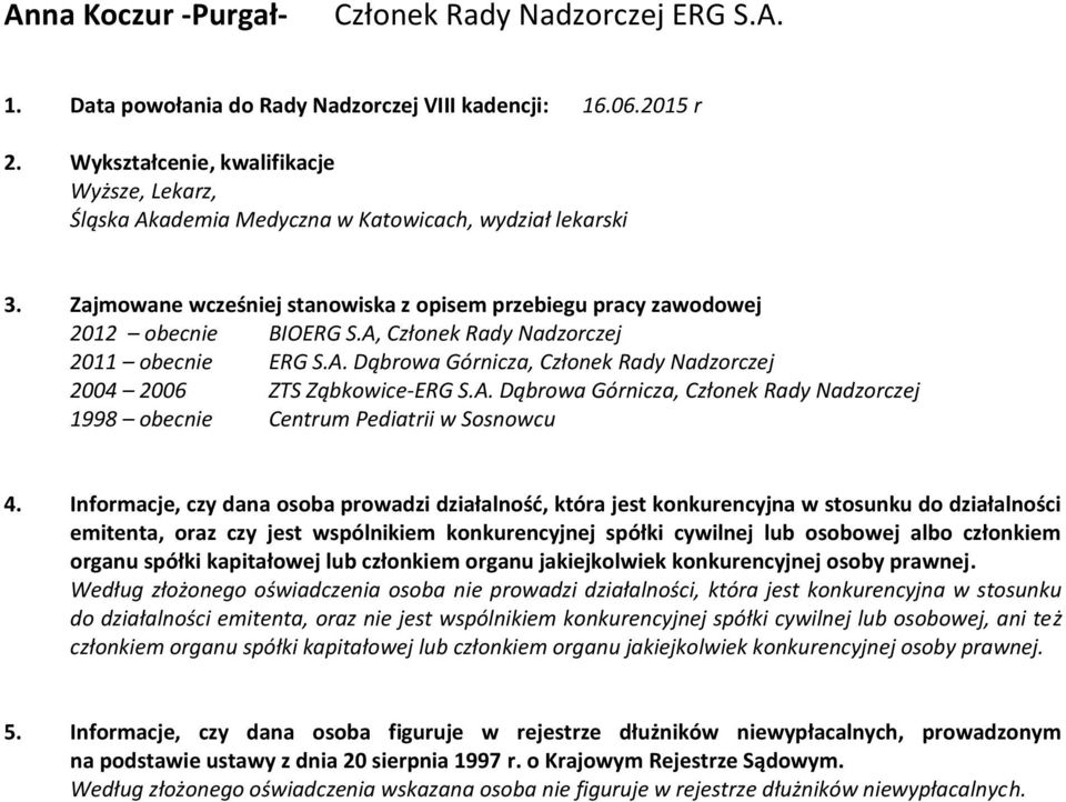 A, Członek Rady Nadzorczej 2011 obecnie ERG S.A. Dąbrowa Górnicza, Członek Rady Nadzorczej 2004 2006 ZTS Ząbkowice-ERG S.