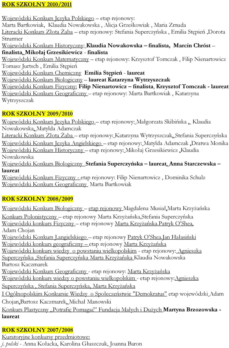 etap rejonowy: Krzysztof Tomczak, Filip Nienartowicz Tomasz Jurtsch, Emilia Stępień Wojewódzki Konkurs Chemiczny Emilia Stępień - laureat Wojewódzki Konkurs Biologiczny laureat Katarzyna Wytrzyszczak